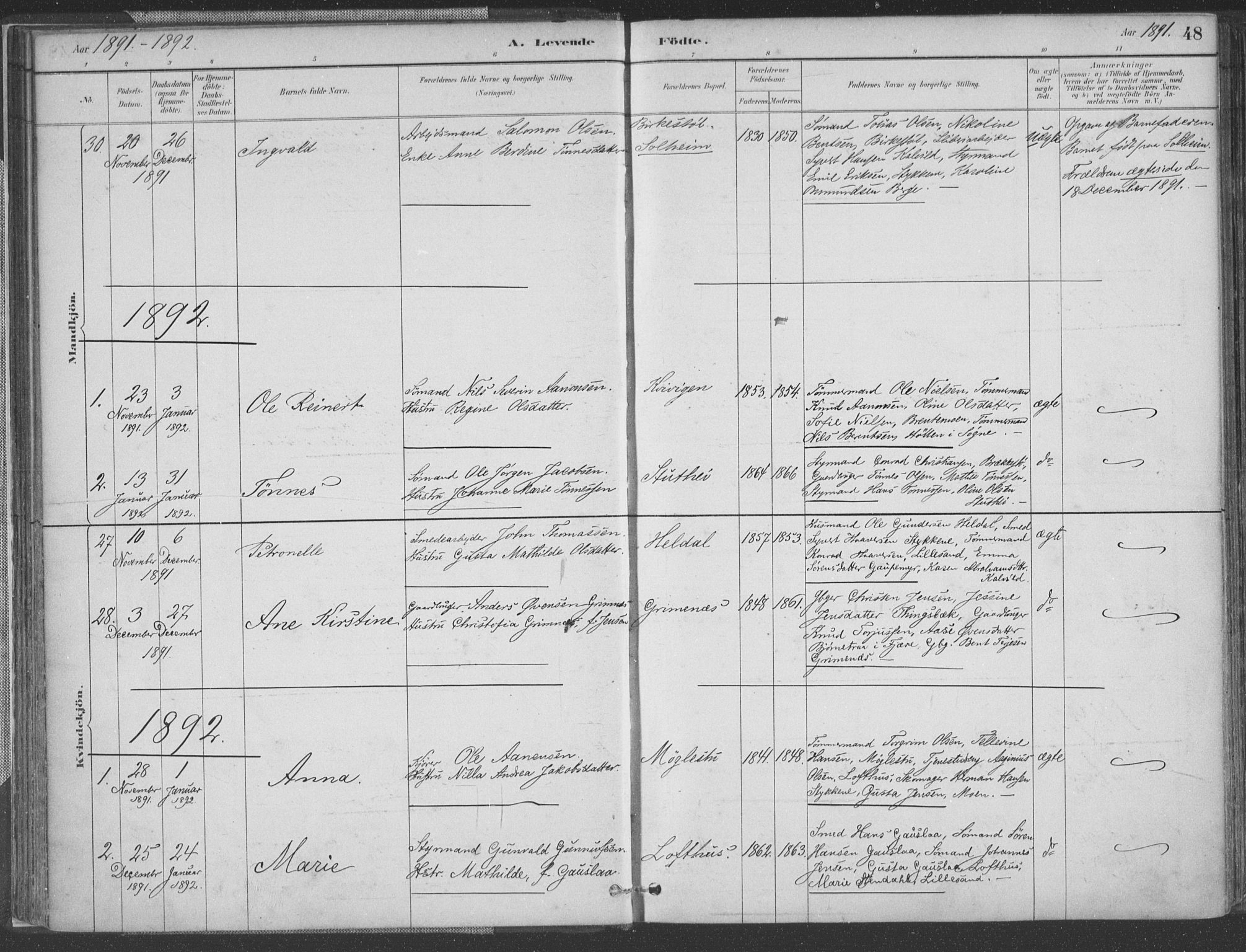 Vestre Moland sokneprestkontor, AV/SAK-1111-0046/F/Fa/Fab/L0009: Parish register (official) no. A 9, 1884-1899, p. 48