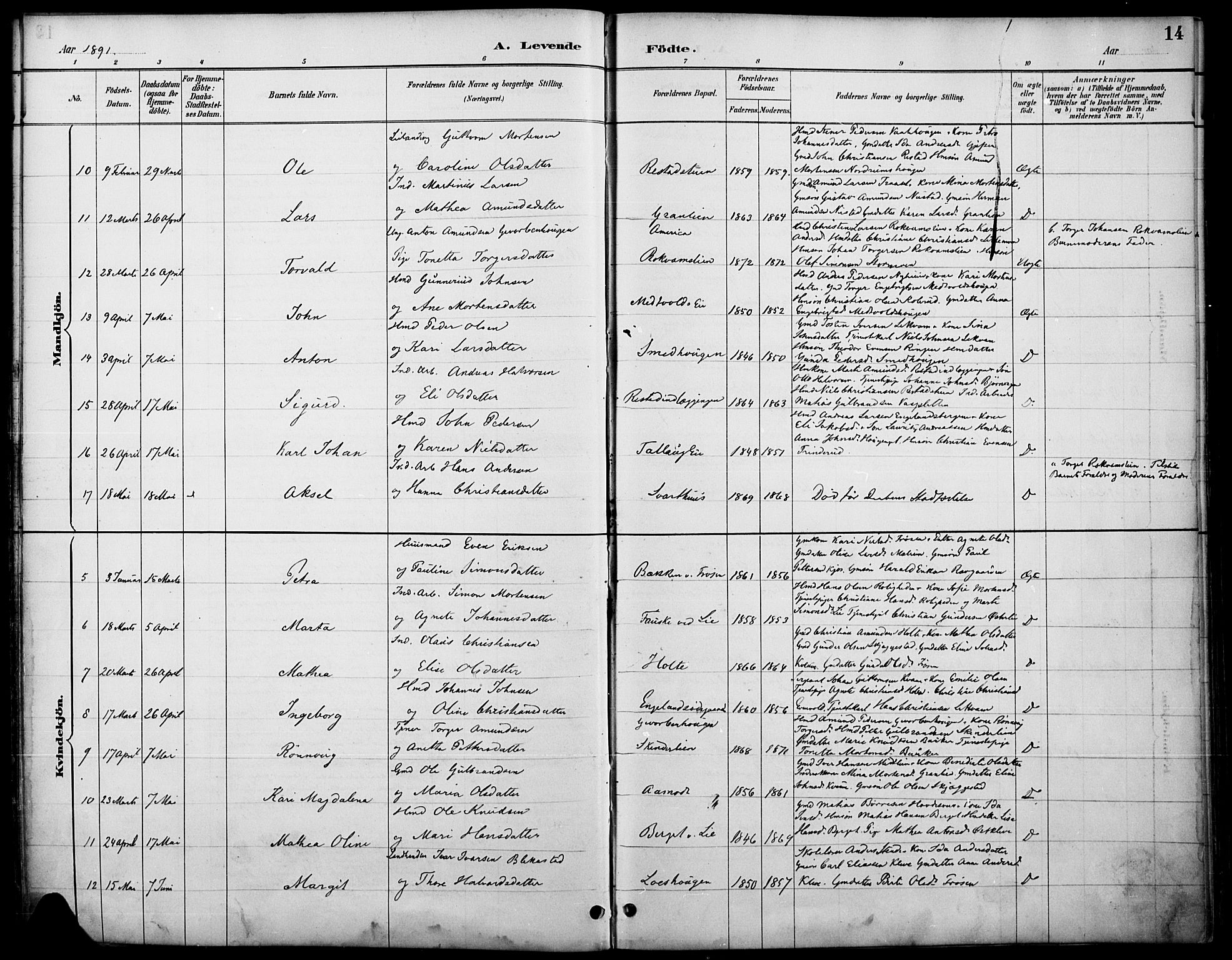 Østre Gausdal prestekontor, AV/SAH-PREST-092/H/Ha/Haa/L0002: Parish register (official) no. 2, 1887-1897, p. 14