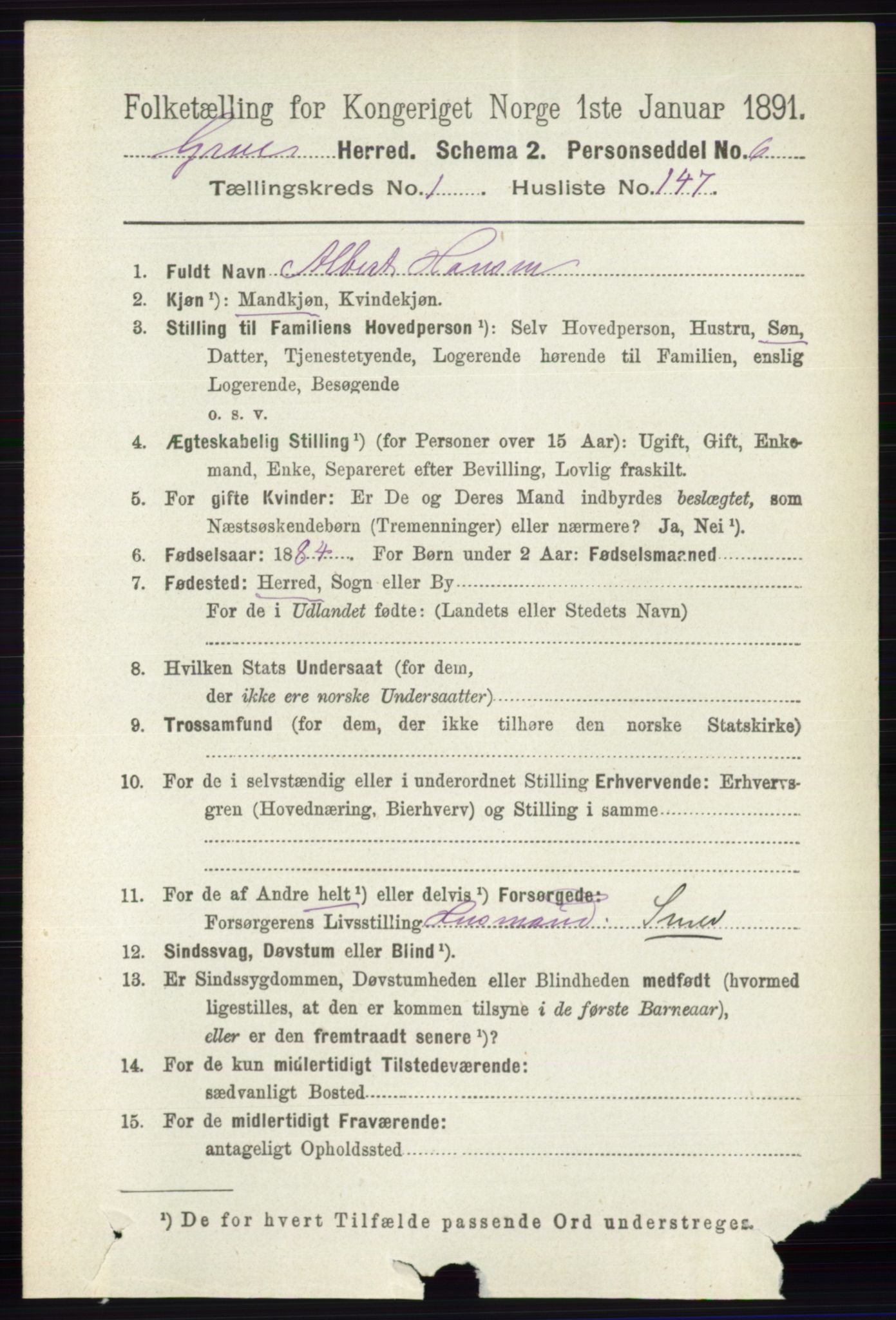 RA, 1891 census for 0423 Grue, 1891, p. 1000