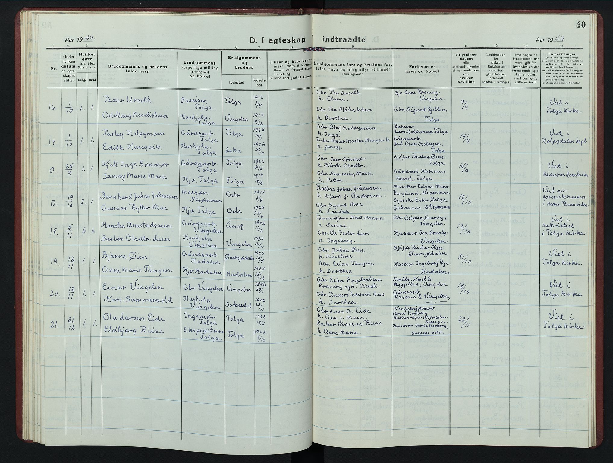 Tolga prestekontor, AV/SAH-PREST-062/L/L0017: Parish register (copy) no. 17, 1919-1950, p. 40