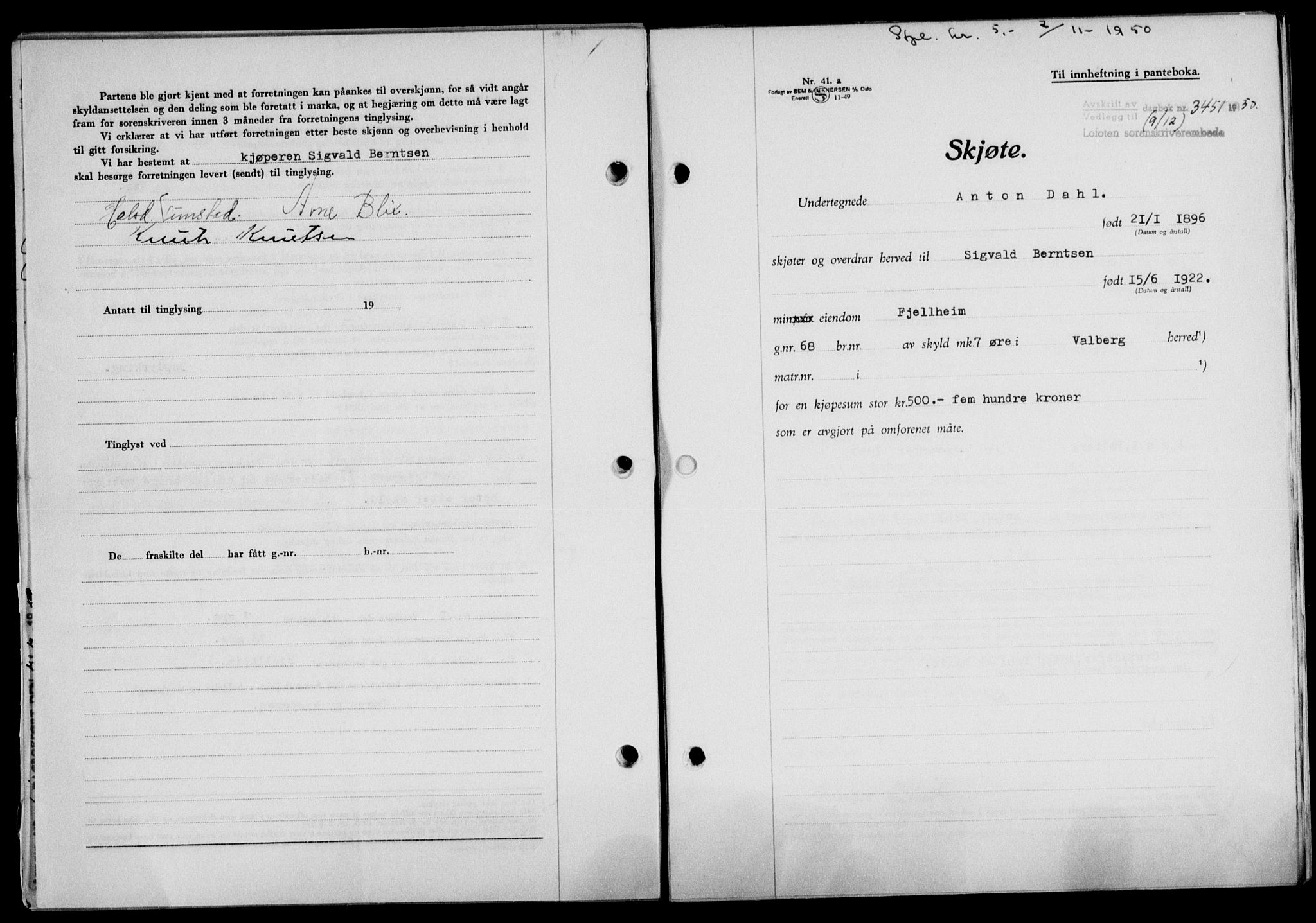 Lofoten sorenskriveri, SAT/A-0017/1/2/2C/L0025a: Mortgage book no. 25a, 1950-1951, Diary no: : 3451/1950