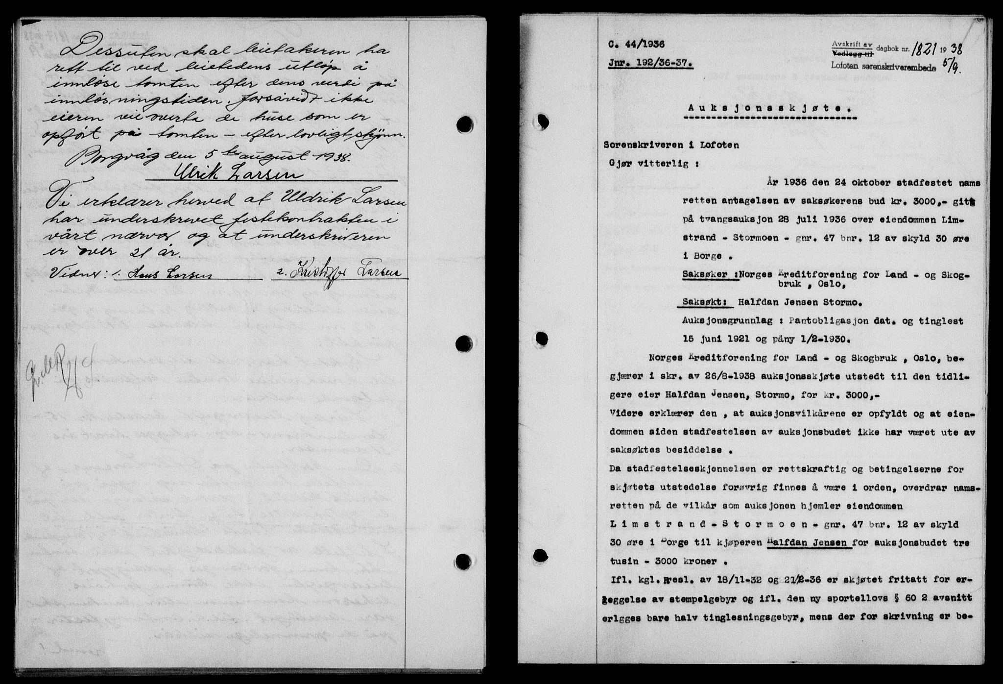 Lofoten sorenskriveri, SAT/A-0017/1/2/2C/L0004a: Mortgage book no. 4a, 1938-1938, Diary no: : 1821/1938