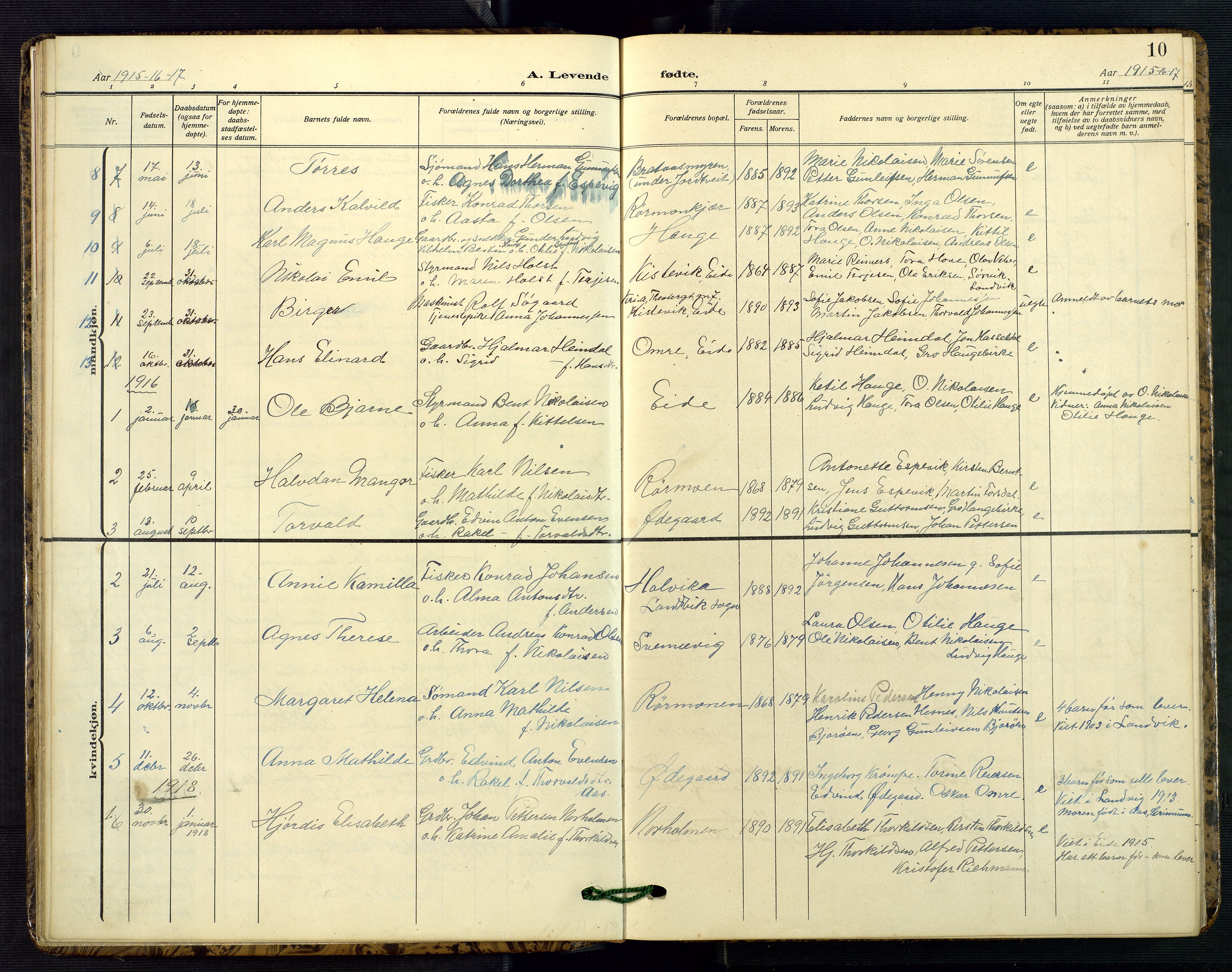 Hommedal sokneprestkontor, SAK/1111-0023/F/Fb/Fba/L0005: Parish register (copy) no. B 5, 1909-1957, p. 10
