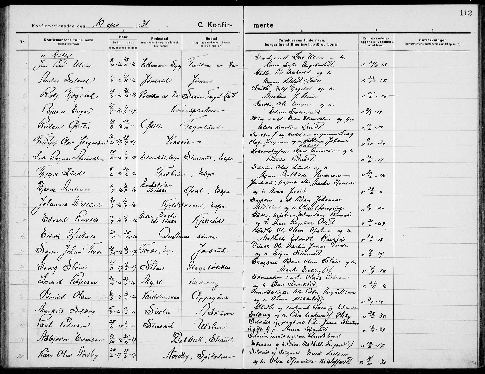 Stange prestekontor, AV/SAH-PREST-002/L/L0017: Parish register (copy) no. 17, 1918-1936, p. 112
