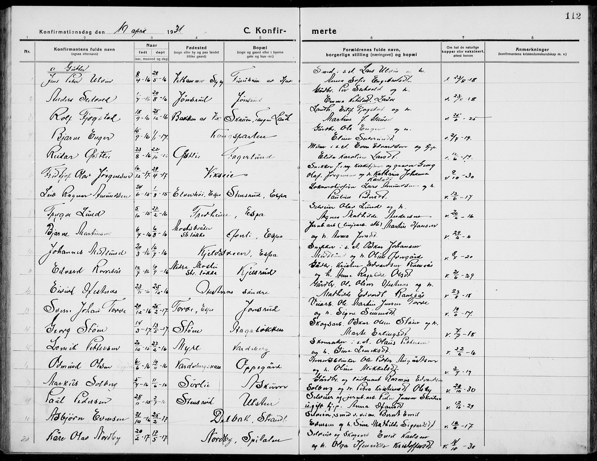 Stange prestekontor, SAH/PREST-002/L/L0017: Parish register (copy) no. 17, 1918-1936, p. 112