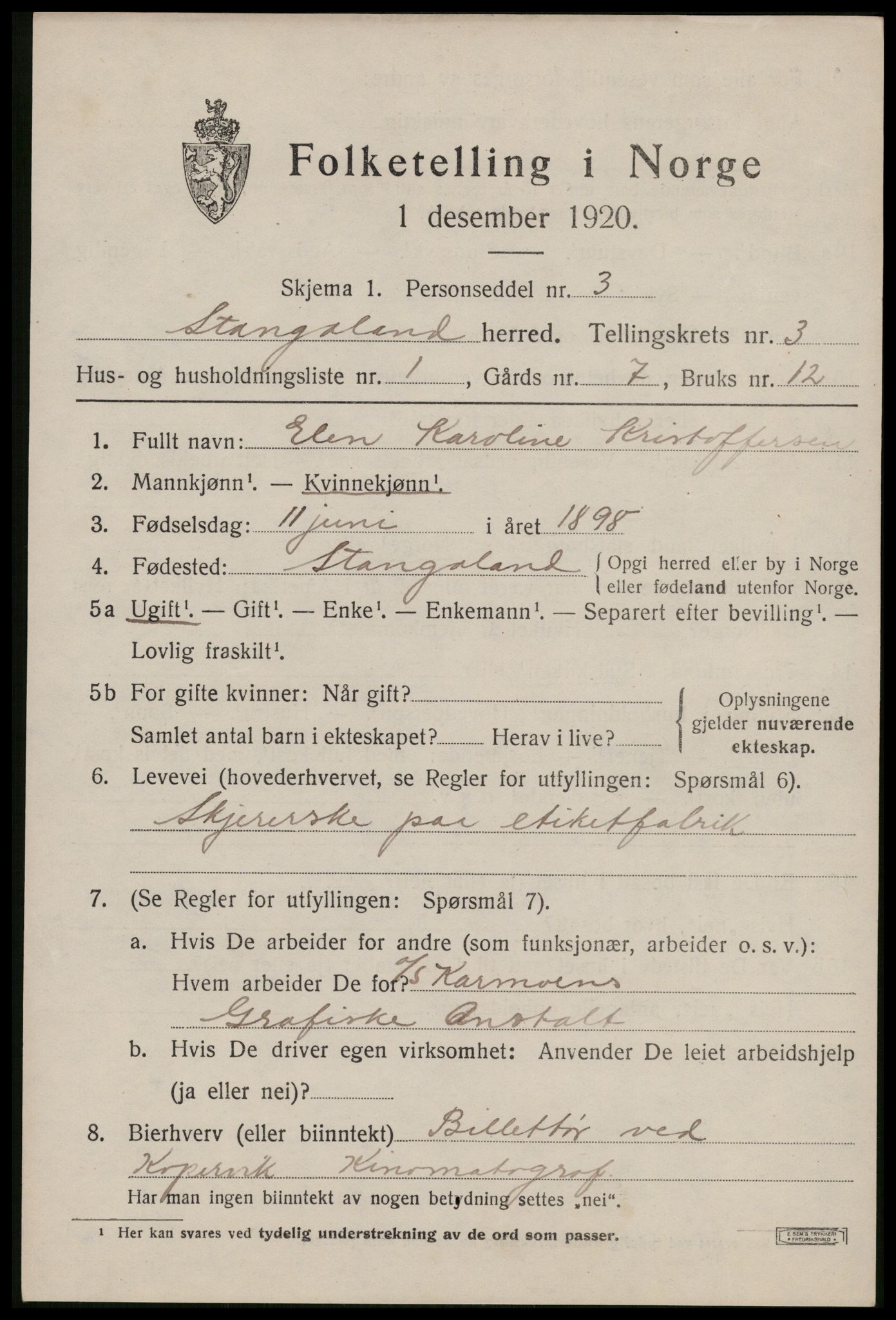 SAST, 1920 census for Stangaland, 1920, p. 2171