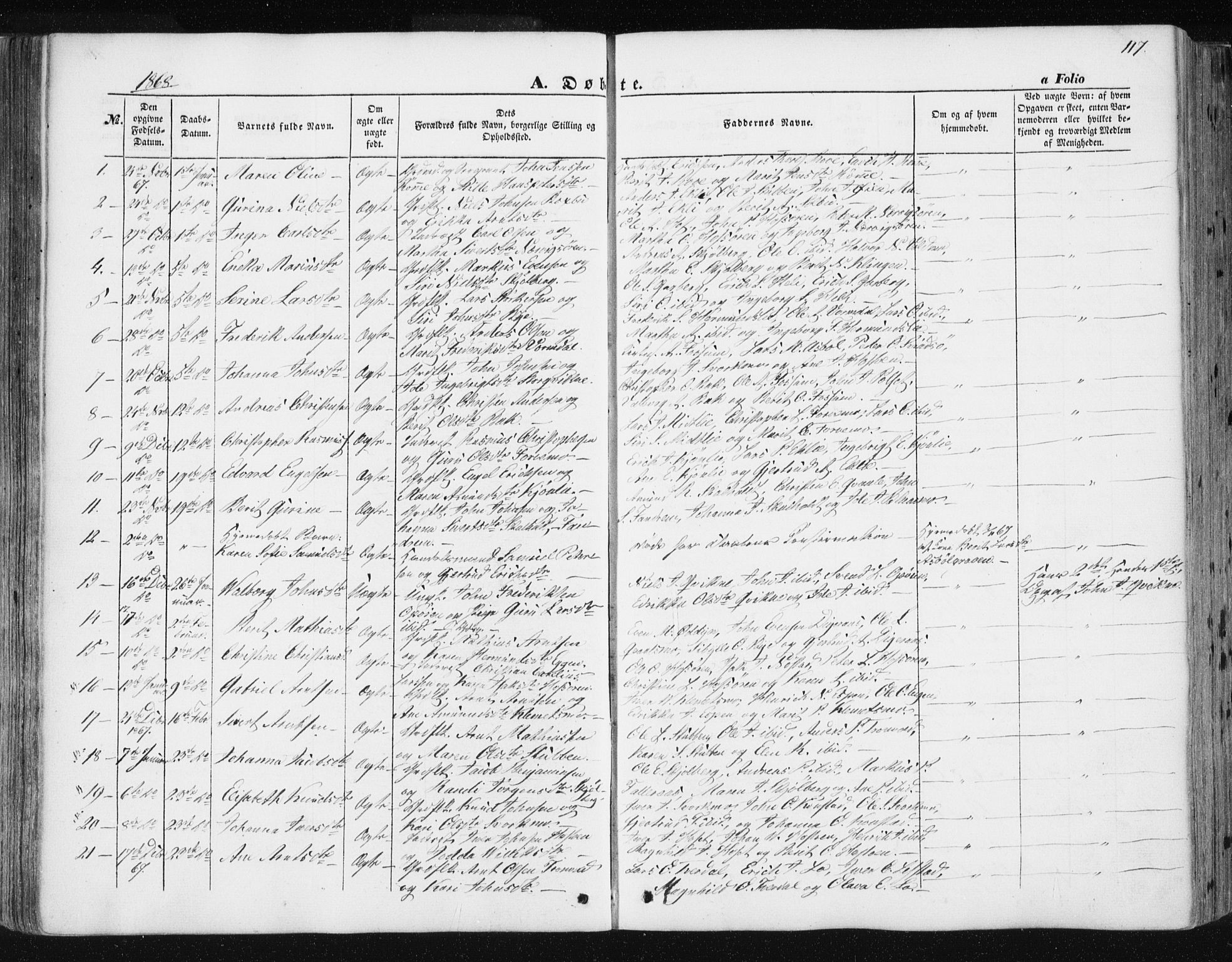 Ministerialprotokoller, klokkerbøker og fødselsregistre - Sør-Trøndelag, SAT/A-1456/668/L0806: Parish register (official) no. 668A06, 1854-1869, p. 117
