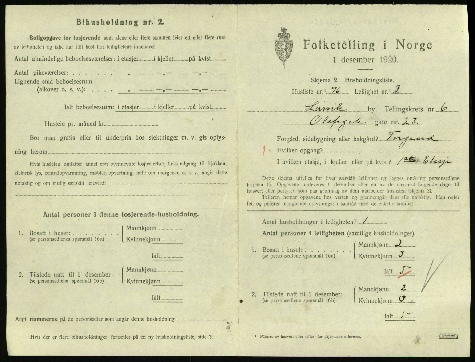 SAKO, 1920 census for Larvik, 1920, p. 5656