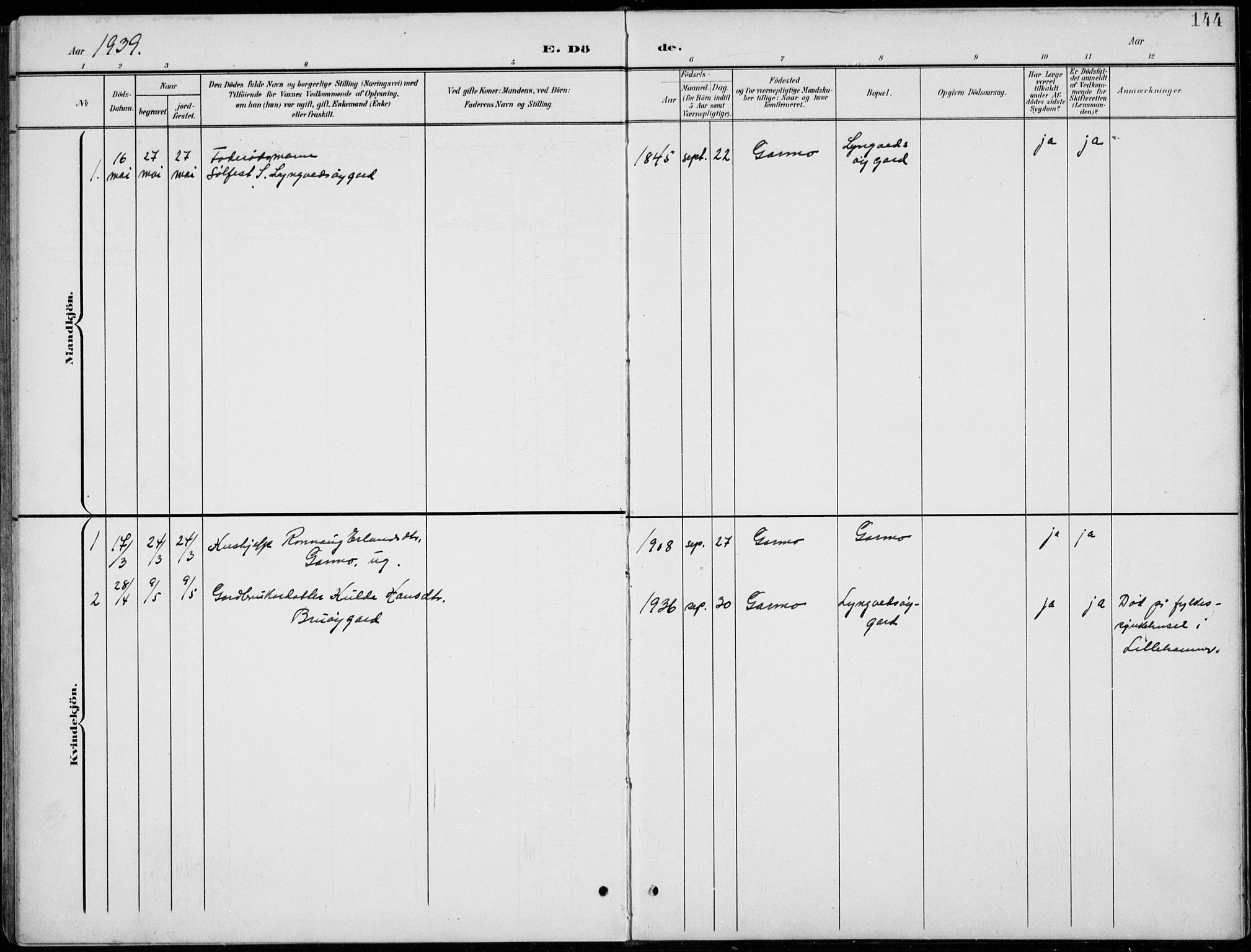 Lom prestekontor, SAH/PREST-070/L/L0006: Parish register (copy) no. 6, 1901-1939, p. 144