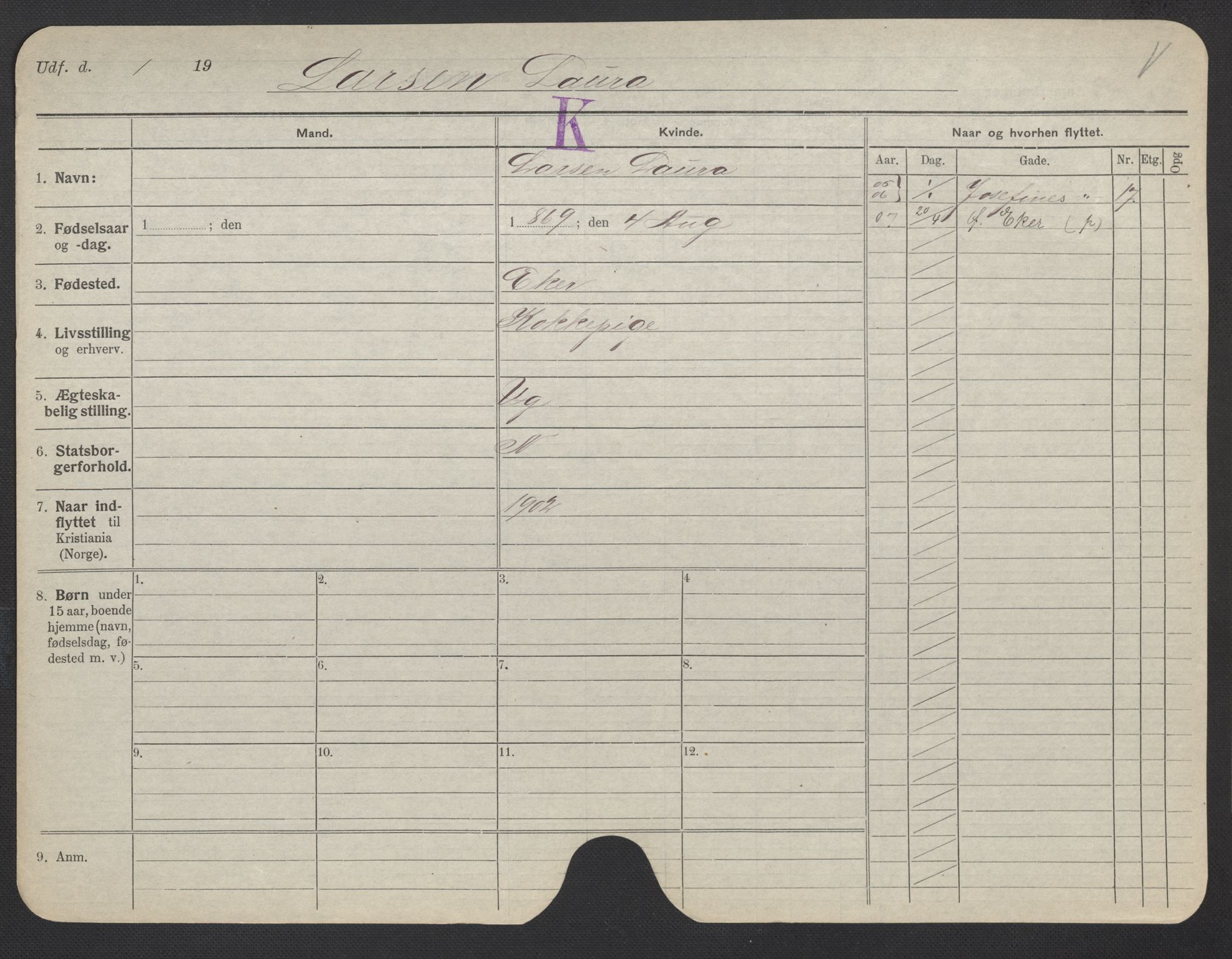 Oslo folkeregister, Registerkort, AV/SAO-A-11715/F/Fa/Fac/L0019: Kvinner, 1906-1914, p. 1023a