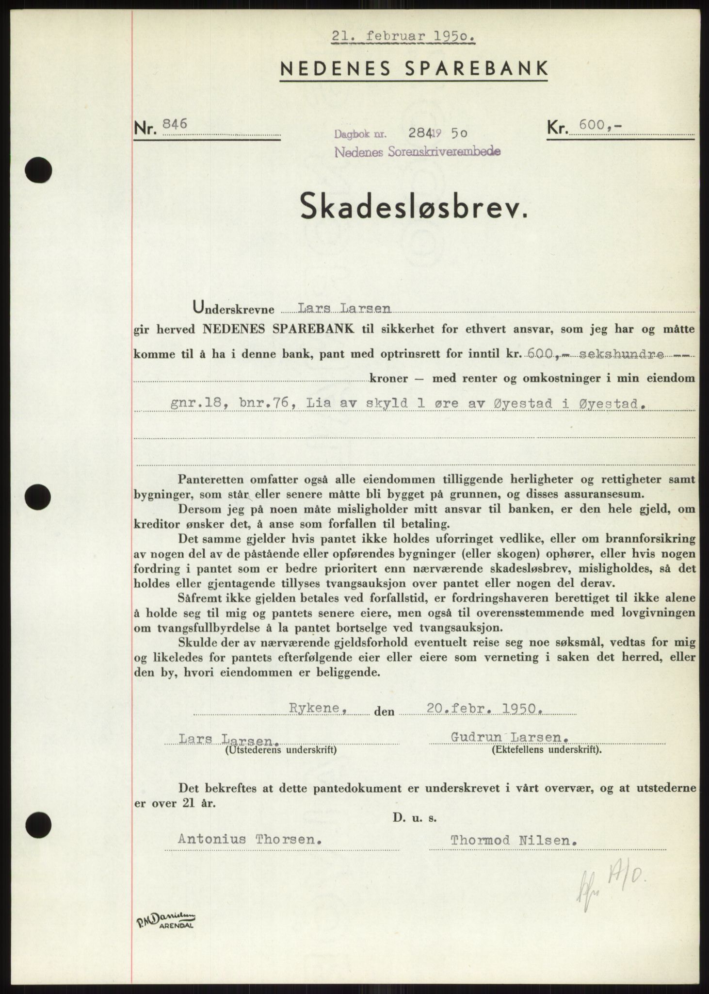 Nedenes sorenskriveri, AV/SAK-1221-0006/G/Gb/Gbb/L0007: Mortgage book no. B7, 1949-1950, Diary no: : 284/1950