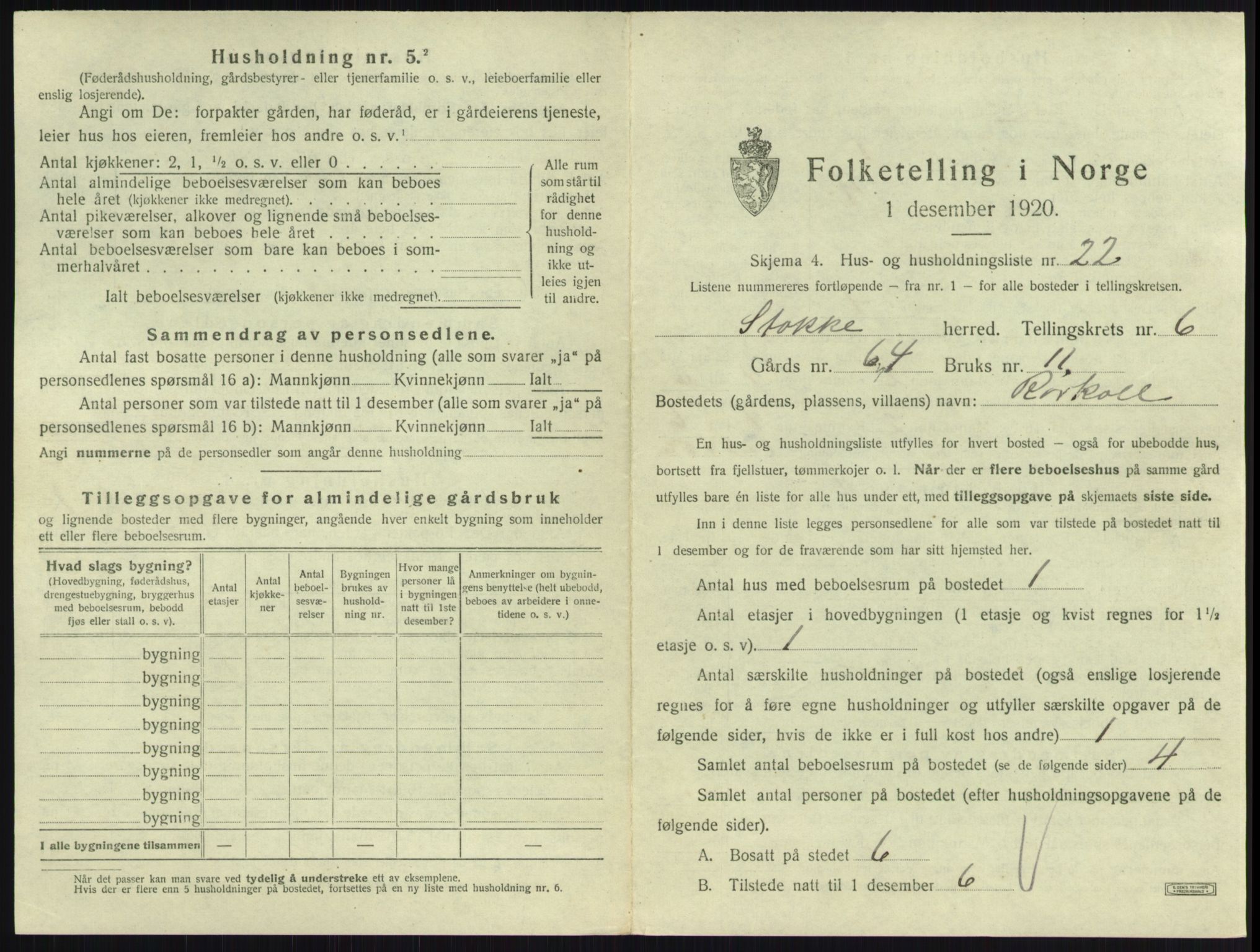SAKO, 1920 census for Stokke, 1920, p. 1142