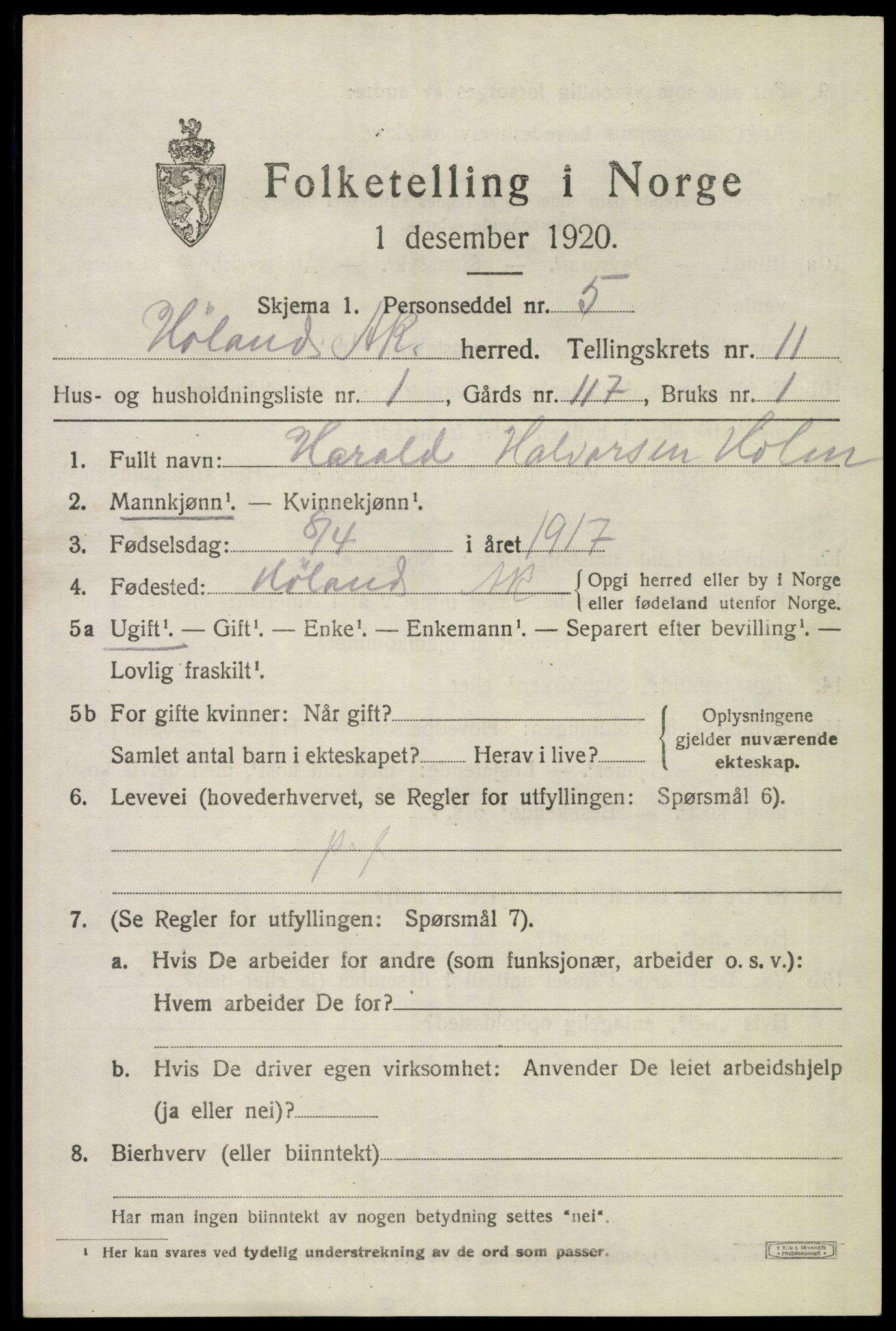 SAO, 1920 census for Høland, 1920, p. 10807