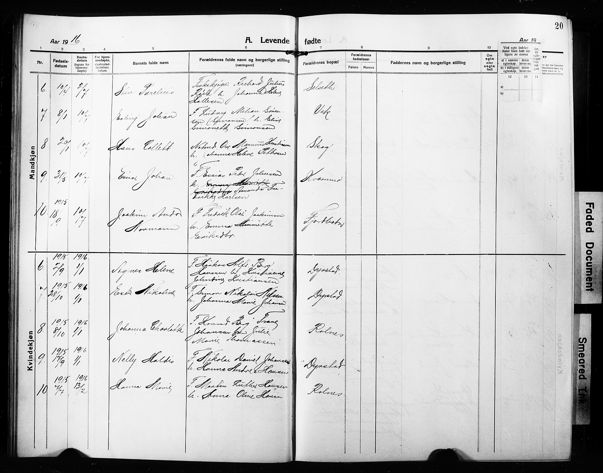 Ibestad sokneprestembete, AV/SATØ-S-0077/H/Ha/Hab/L0010klokker: Parish register (copy) no. 10, 1915-1929, p. 20