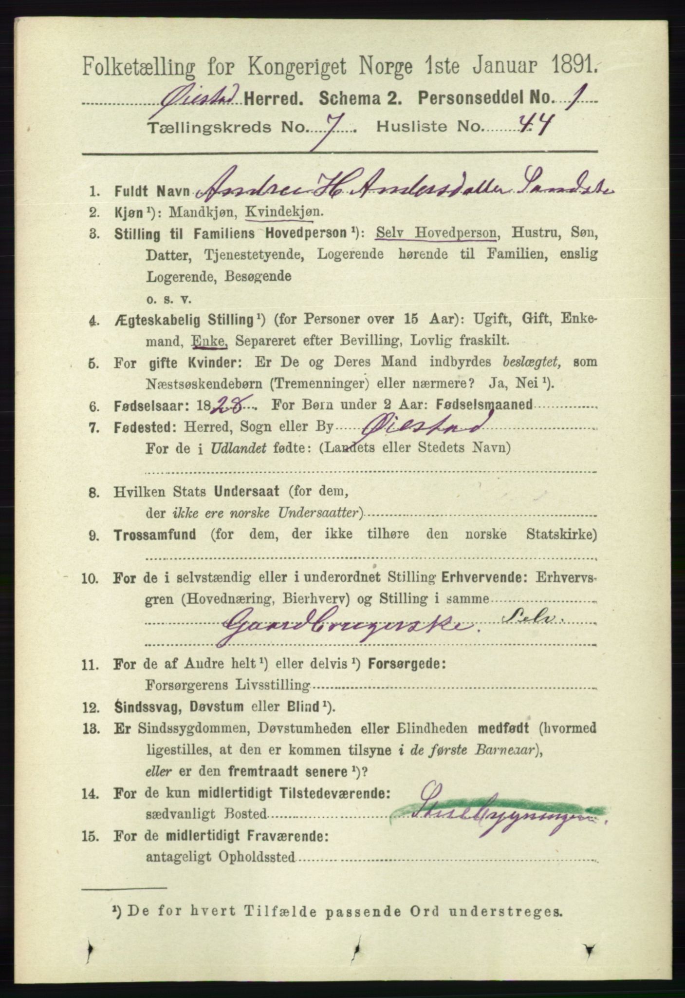 RA, 1891 census for 0920 Øyestad, 1891, p. 2905