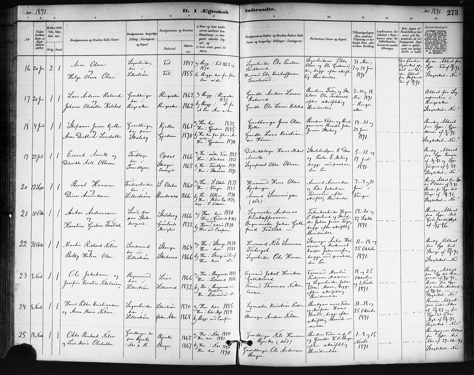 Skedsmo prestekontor Kirkebøker, SAO/A-10033a/G/Ga/L0004: Parish register (copy) no. I 4, 1883-1895, p. 273