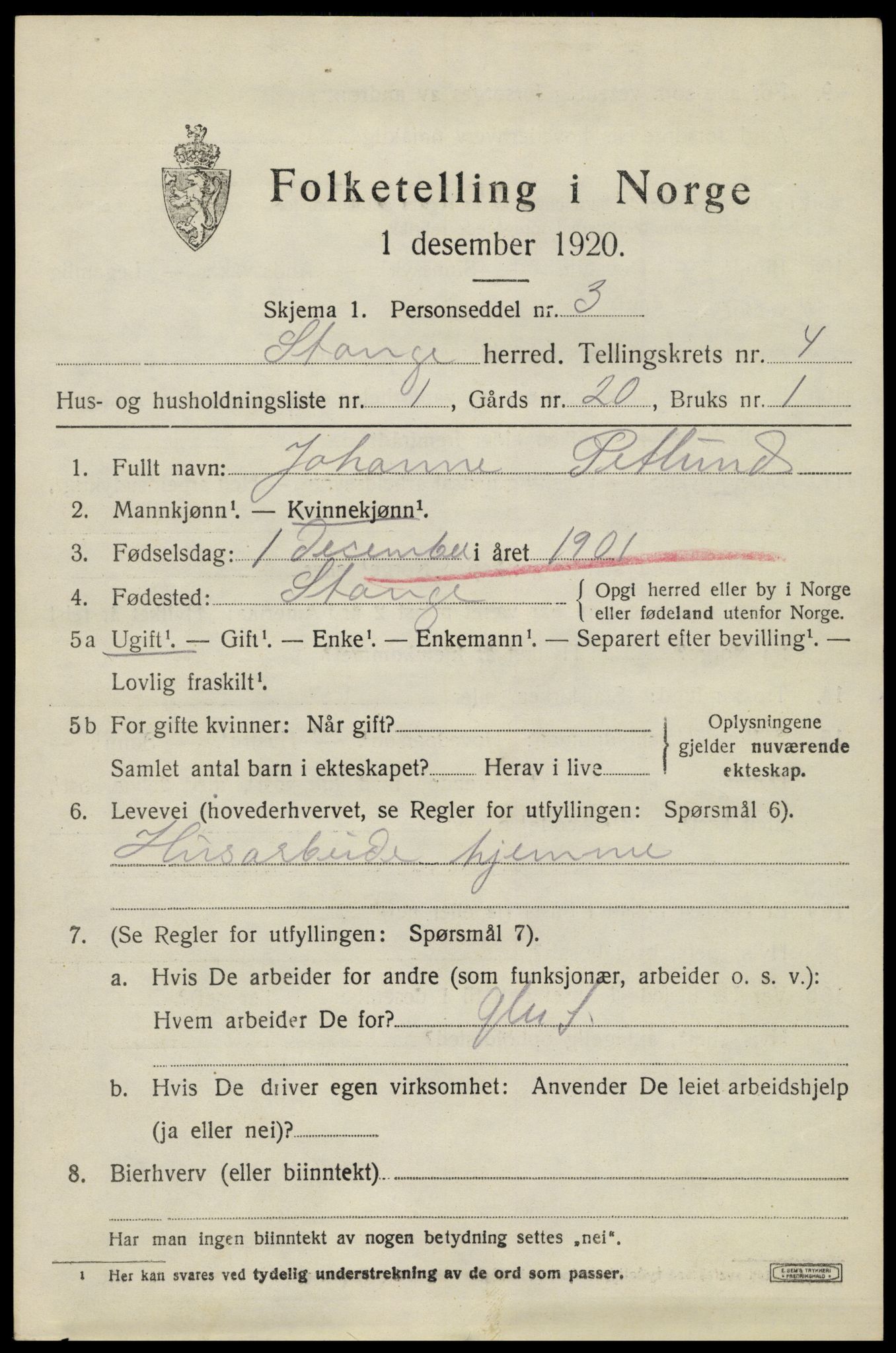 SAH, 1920 census for Stange, 1920, p. 6597