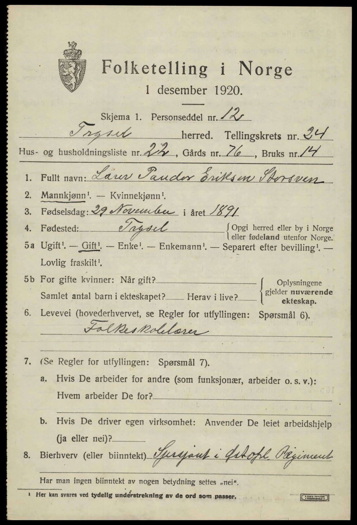 SAH, 1920 census for Trysil, 1920, p. 15489
