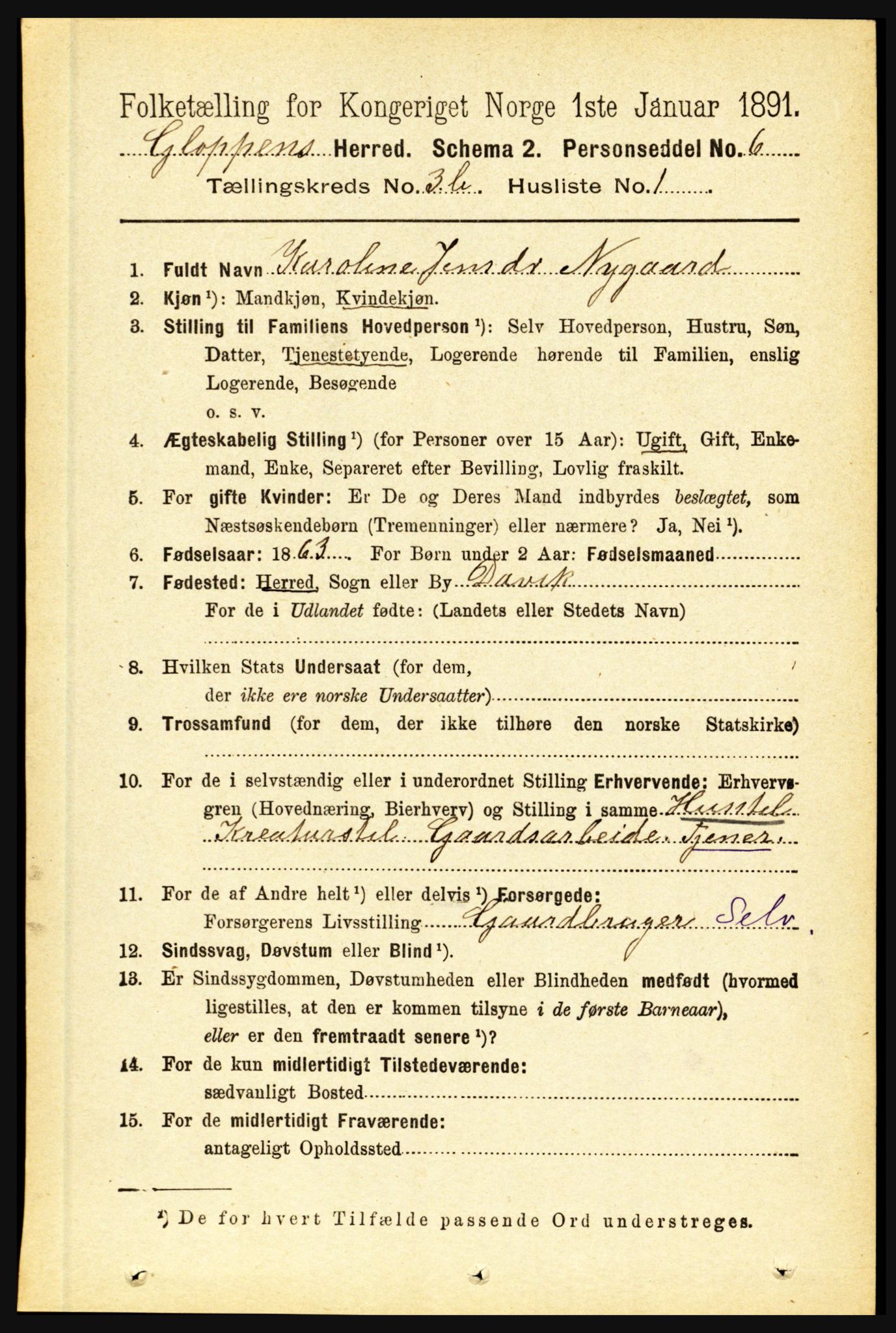 RA, 1891 census for 1445 Gloppen, 1891, p. 1452