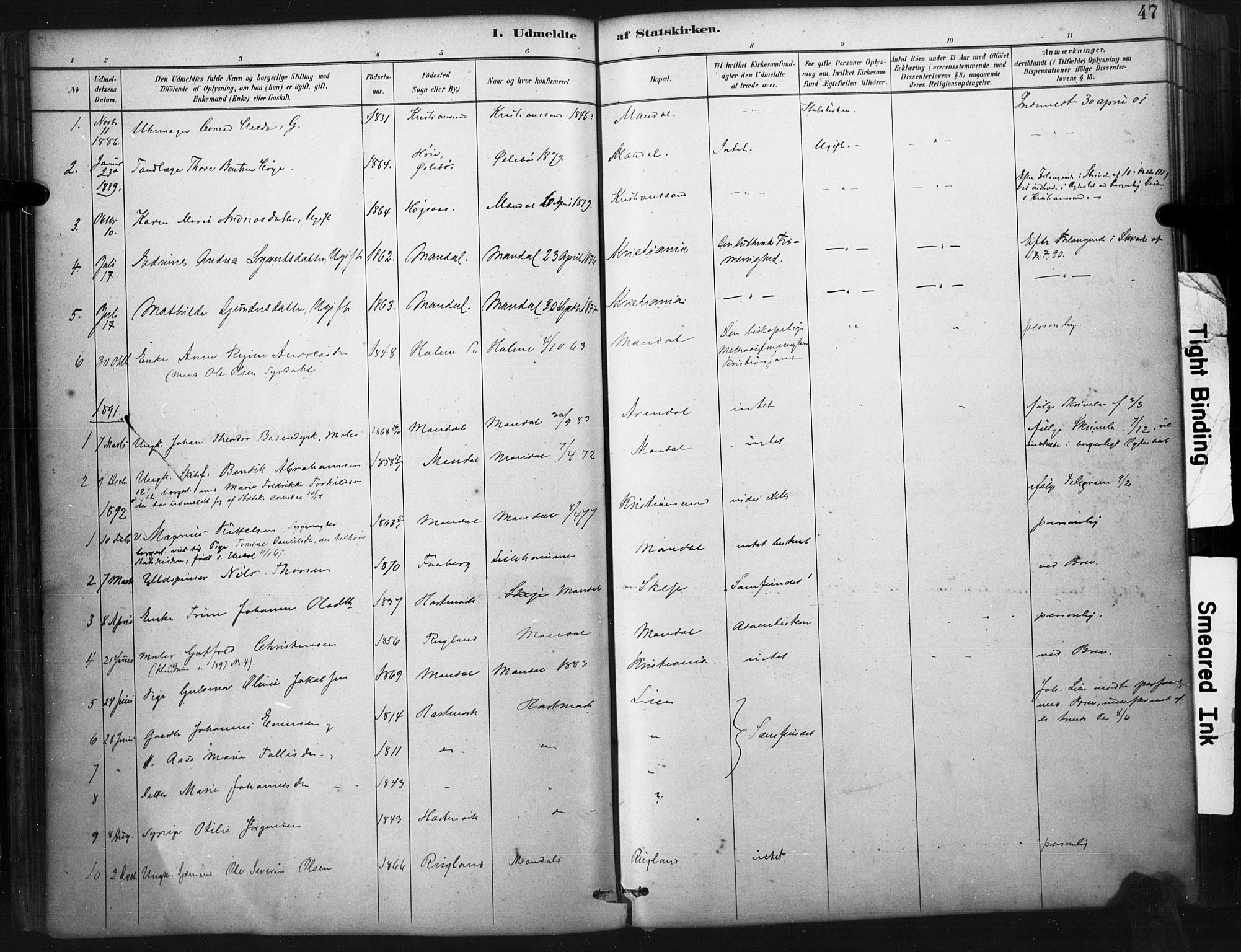 Mandal sokneprestkontor, SAK/1111-0030/F/Fa/Faa/L0017: Parish register (official) no. A 17, 1880-1926, p. 47