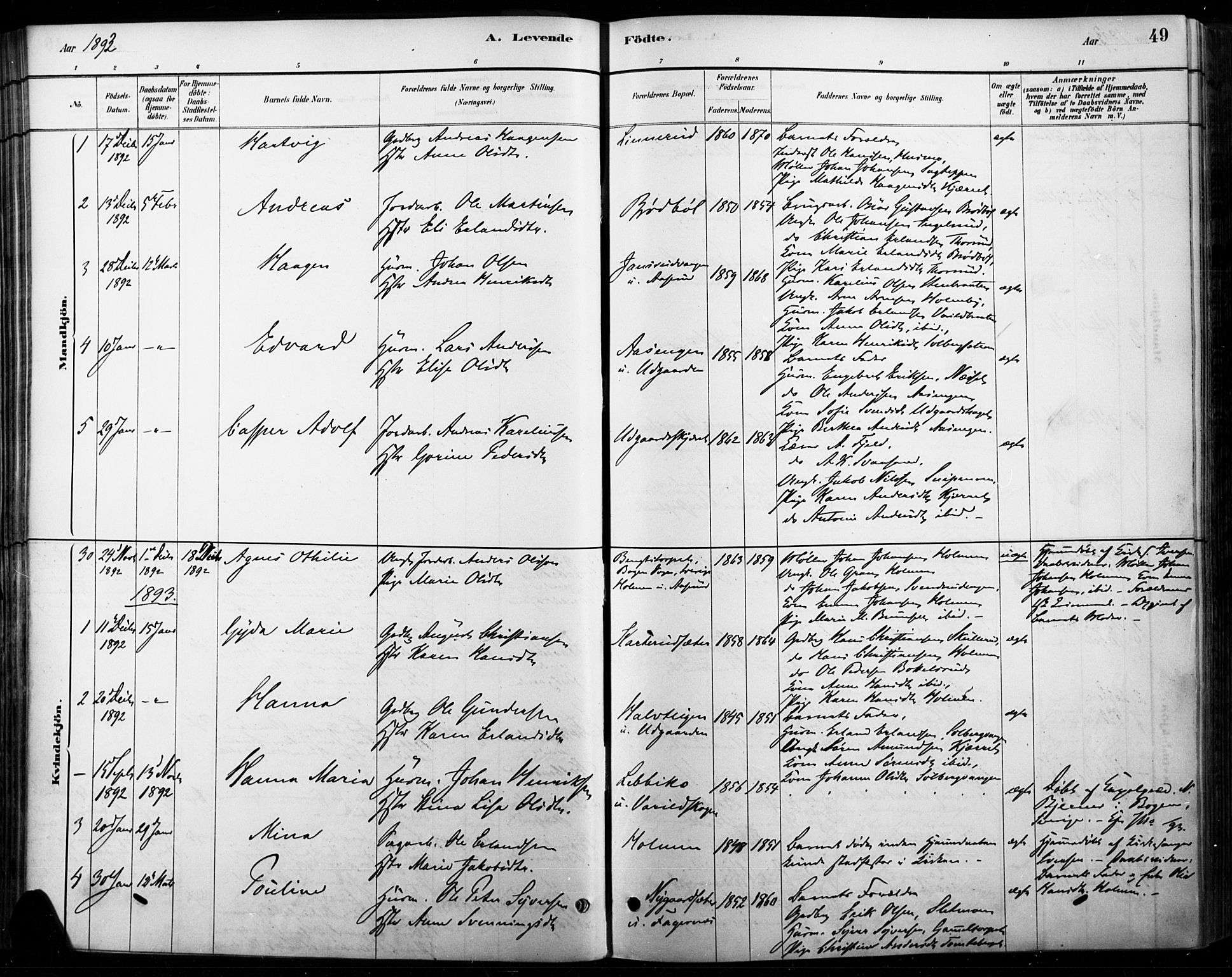 Vinger prestekontor, AV/SAH-PREST-024/H/Ha/Haa/L0015: Parish register (official) no. 15, 1881-1900, p. 49