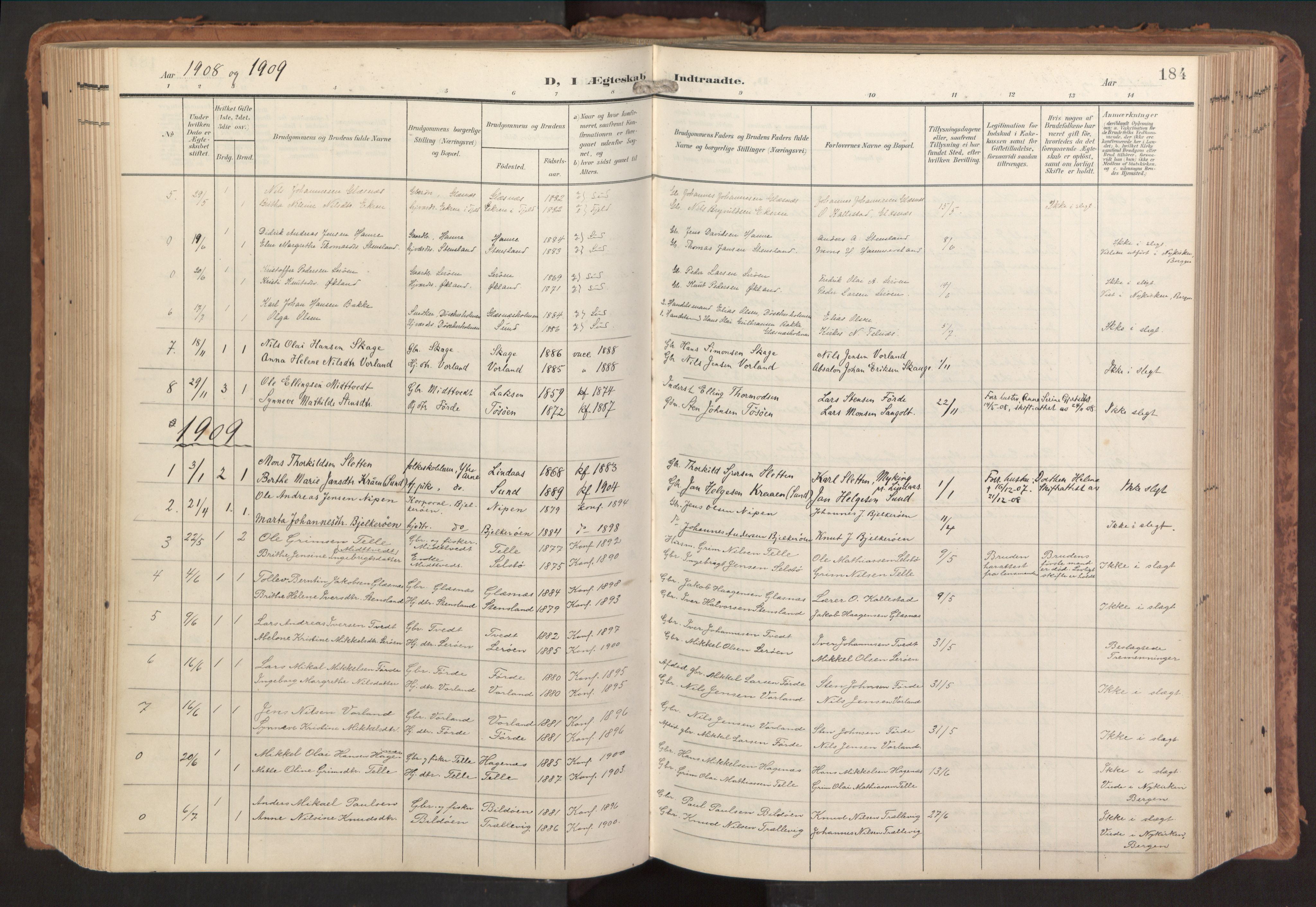 Sund sokneprestembete, SAB/A-99930: Parish register (official) no. B 2, 1907-1926, p. 184