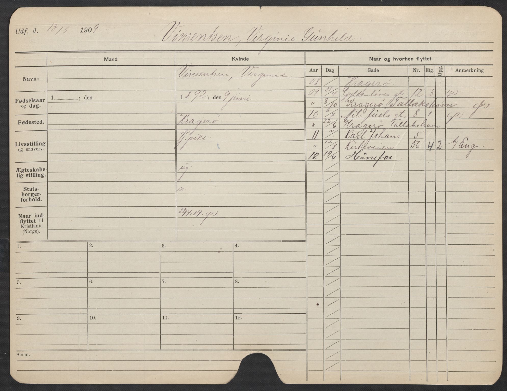 Oslo folkeregister, Registerkort, AV/SAO-A-11715/F/Fa/Fac/L0025: Kvinner, 1906-1914, p. 875a