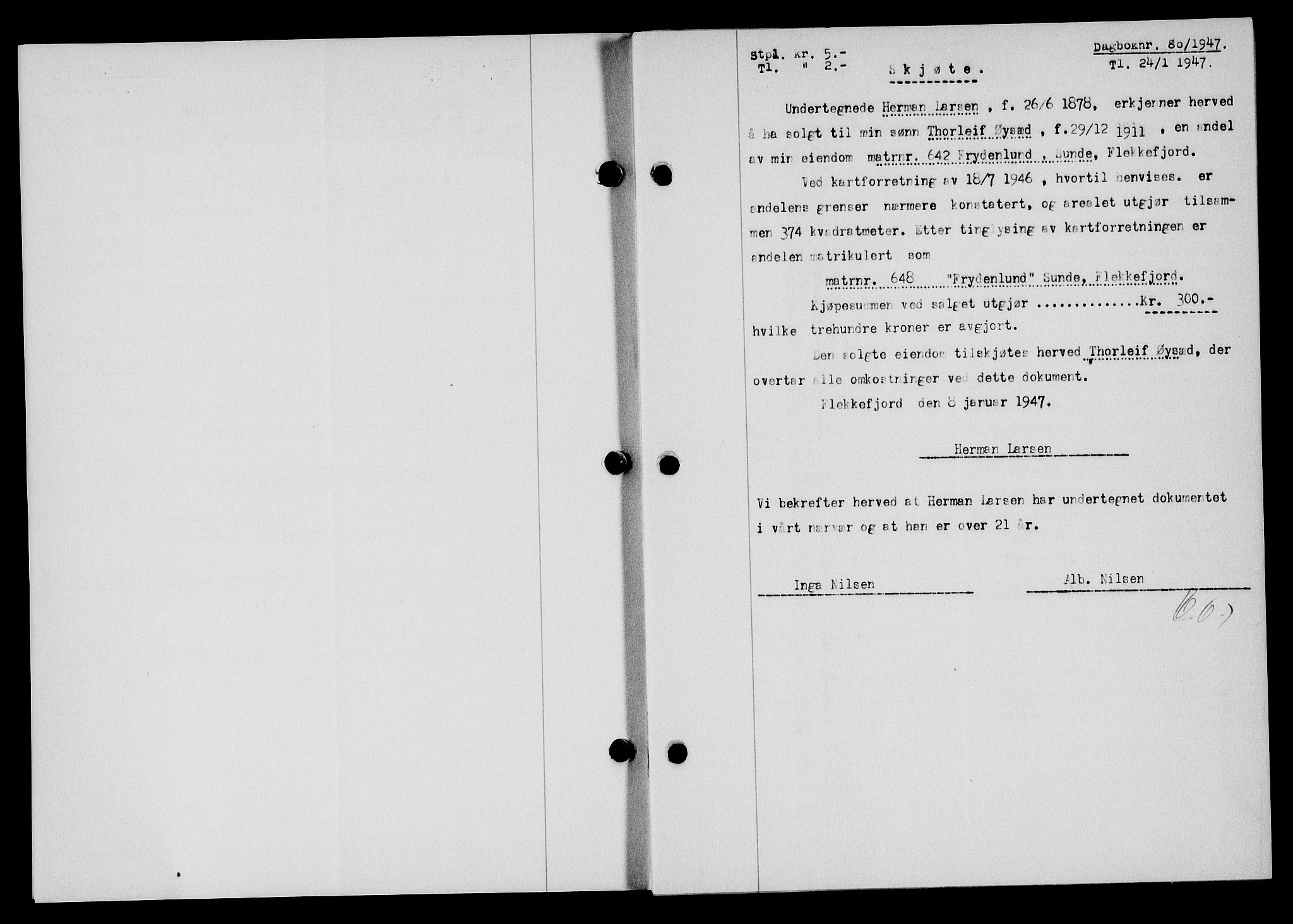 Flekkefjord sorenskriveri, AV/SAK-1221-0001/G/Gb/Gba/L0061: Mortgage book no. A-9, 1946-1947, Diary no: : 80/1947