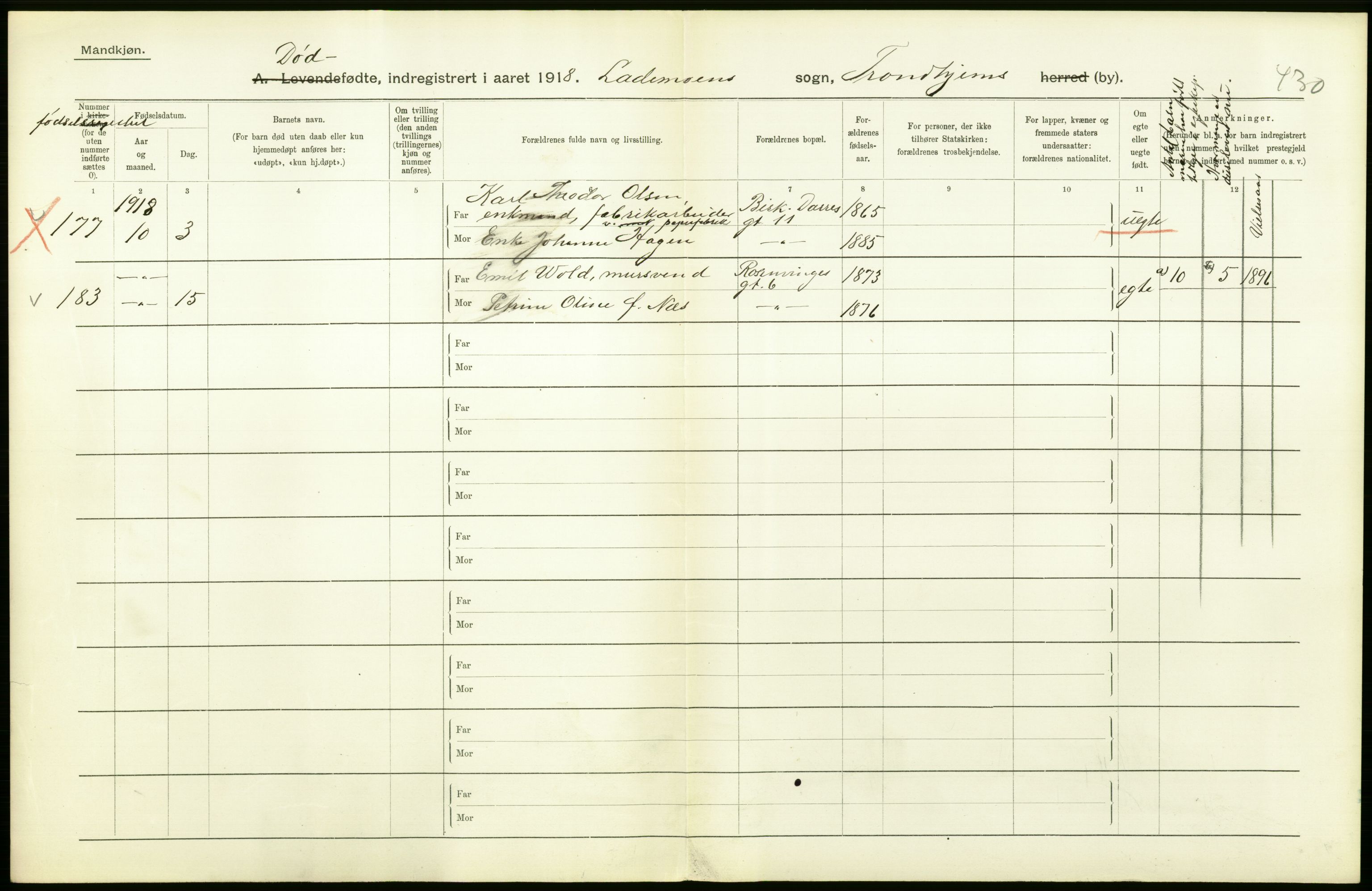 Statistisk sentralbyrå, Sosiodemografiske emner, Befolkning, AV/RA-S-2228/D/Df/Dfb/Dfbh/L0049: Trondheim: Døde, dødfødte., 1918, p. 328