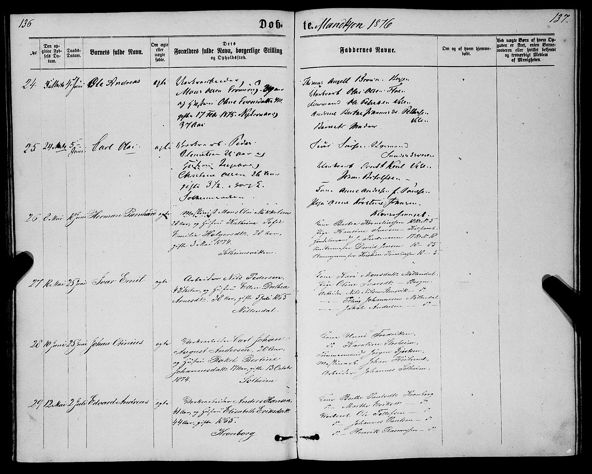 St. Jørgens hospital og Årstad sokneprestembete, AV/SAB-A-99934: Parish register (official) no. A 6, 1870-1878, p. 136-137