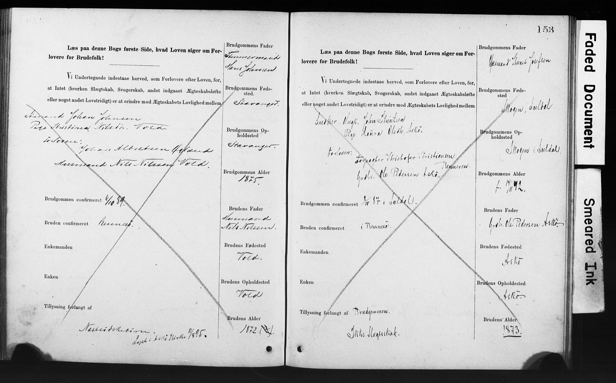 Rennesøy sokneprestkontor, AV/SAST-A -101827/I/Ie/L0001: Banns register no. 1, 1873-1898, p. 153