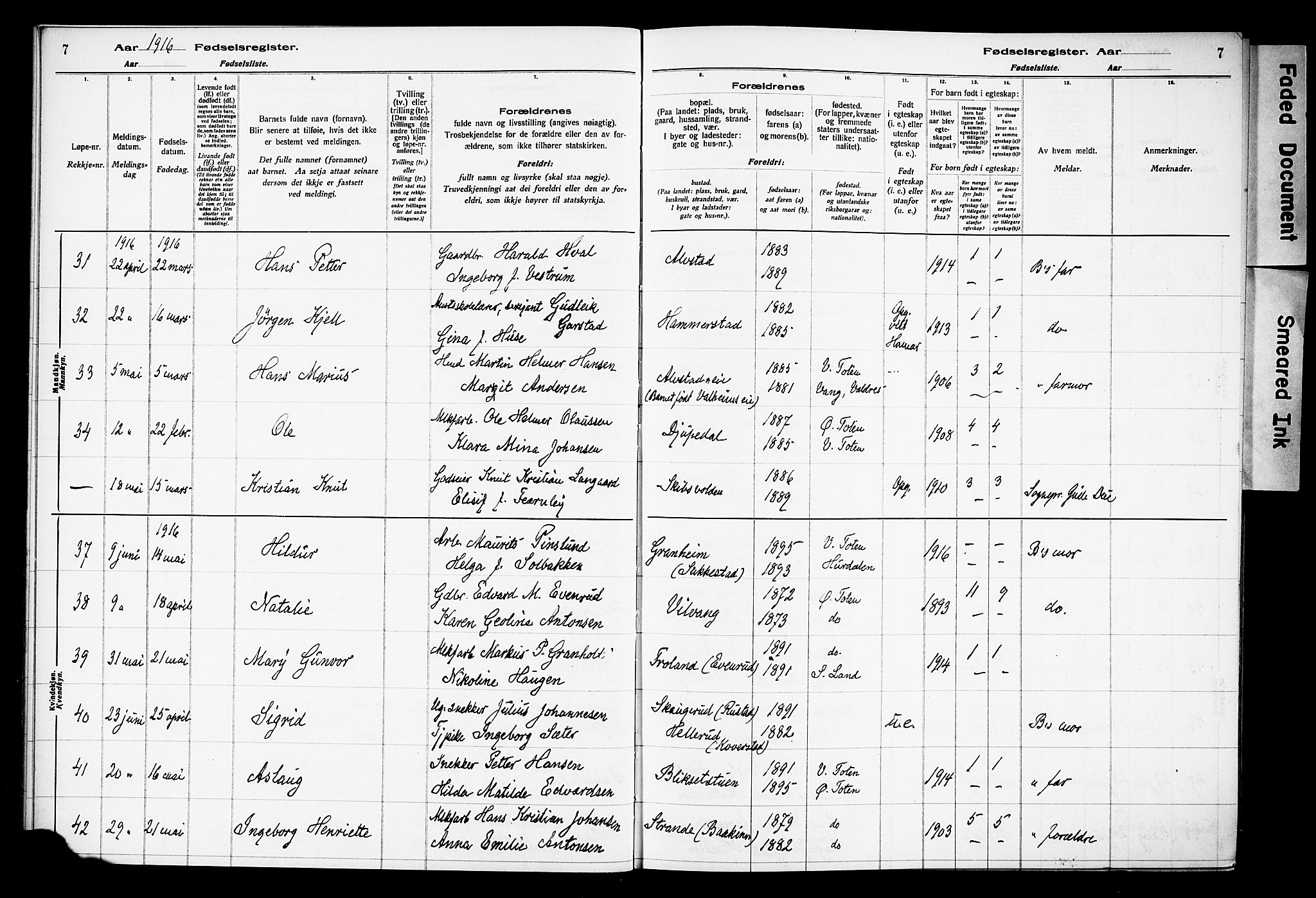 Østre Toten prestekontor, AV/SAH-PREST-104/I/Id/L0001/0001: Birth register no. 1.1, 1916-1928, p. 7