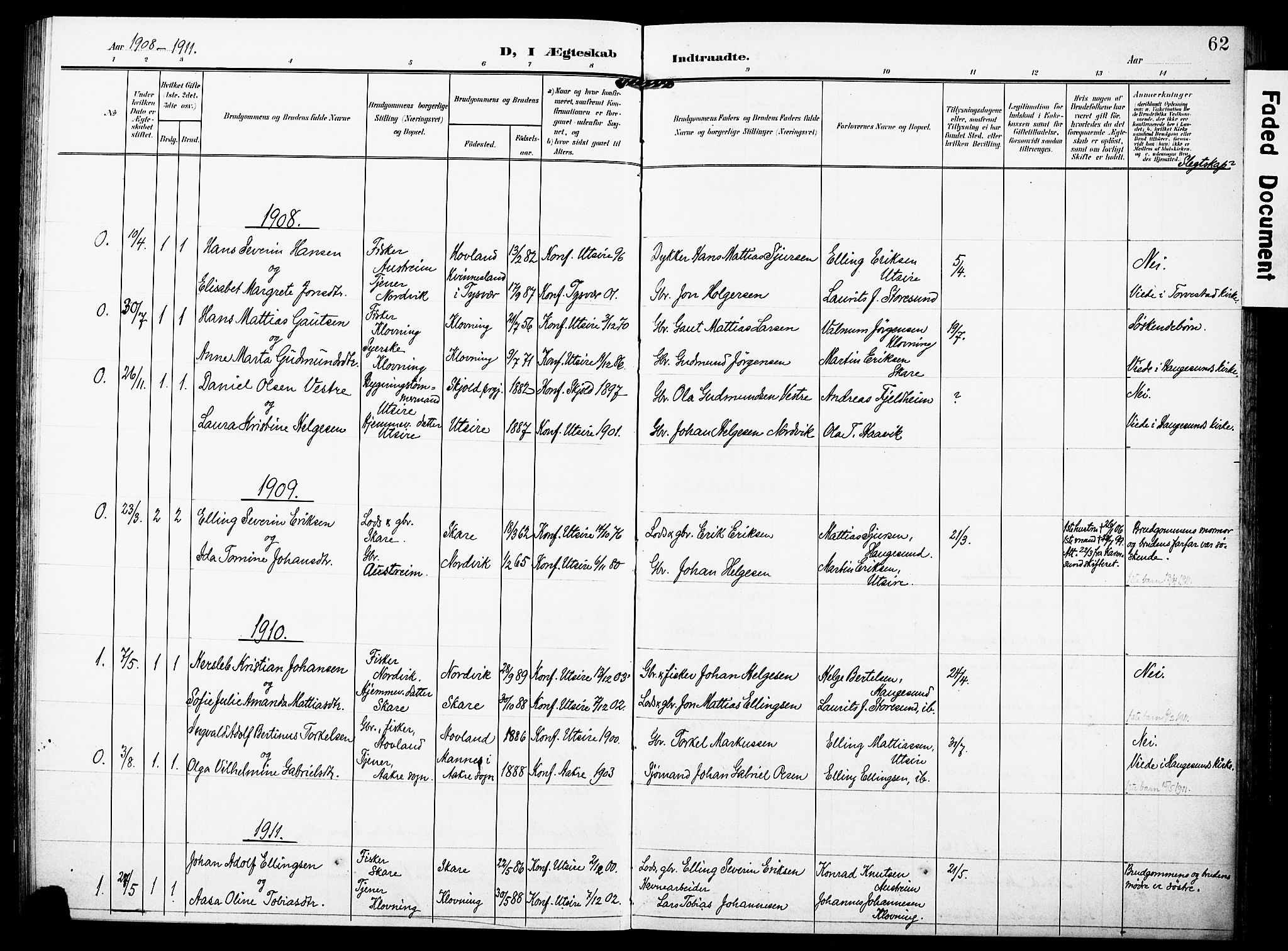 Torvastad sokneprestkontor, AV/SAST-A -101857/H/Ha/Haa/L0018: Parish register (official) no. A 17, 1903-1925, p. 62