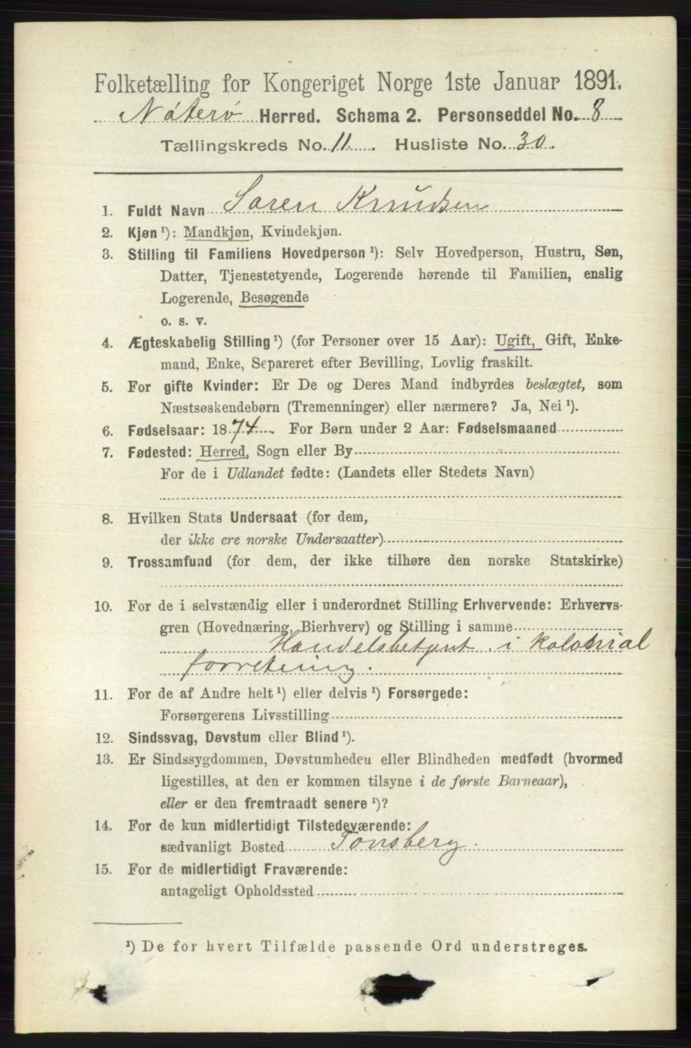 RA, 1891 census for 0722 Nøtterøy, 1891, p. 5991