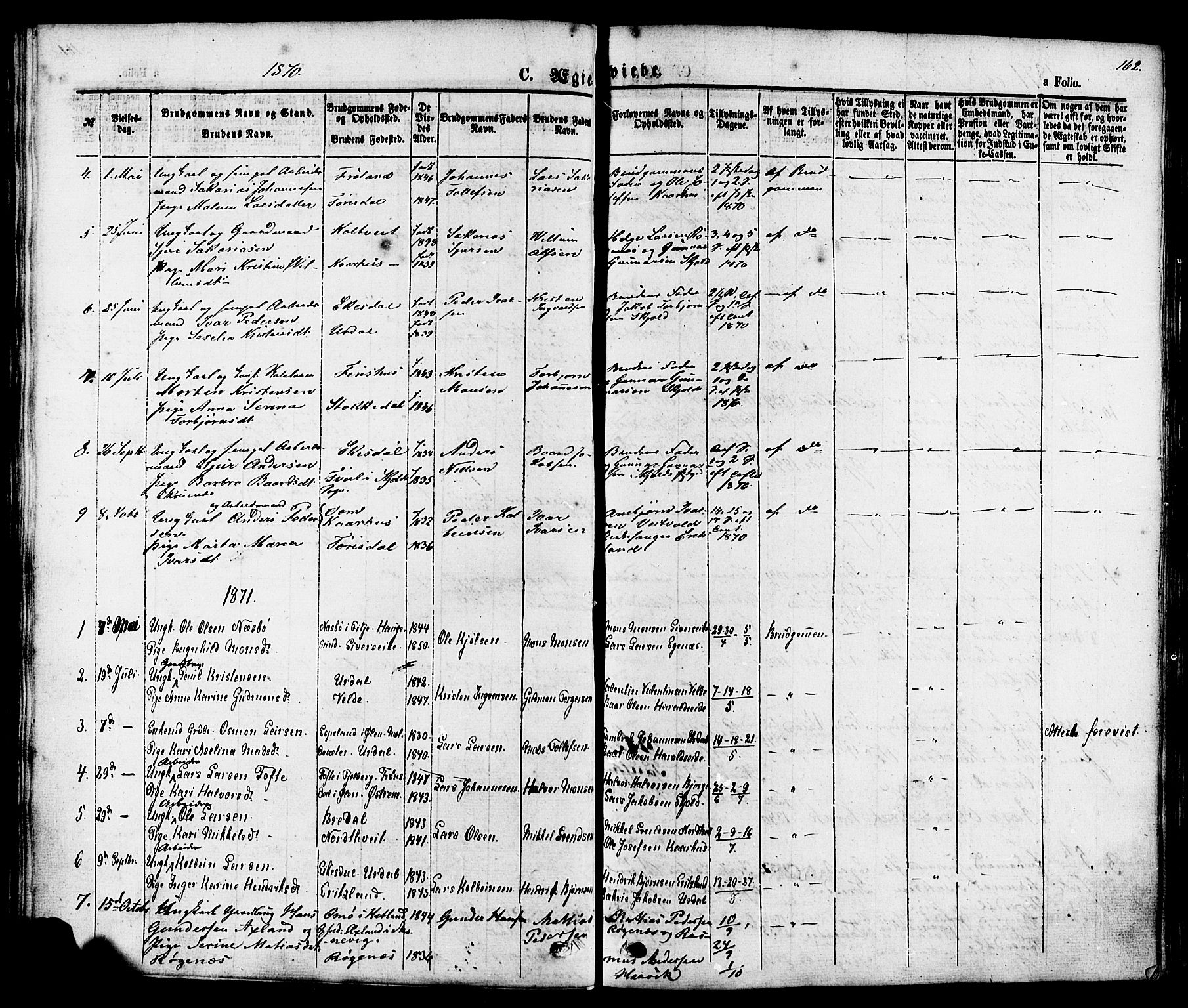 Skjold sokneprestkontor, AV/SAST-A-101847/H/Ha/Haa/L0007: Parish register (official) no. A 7, 1857-1882, p. 162