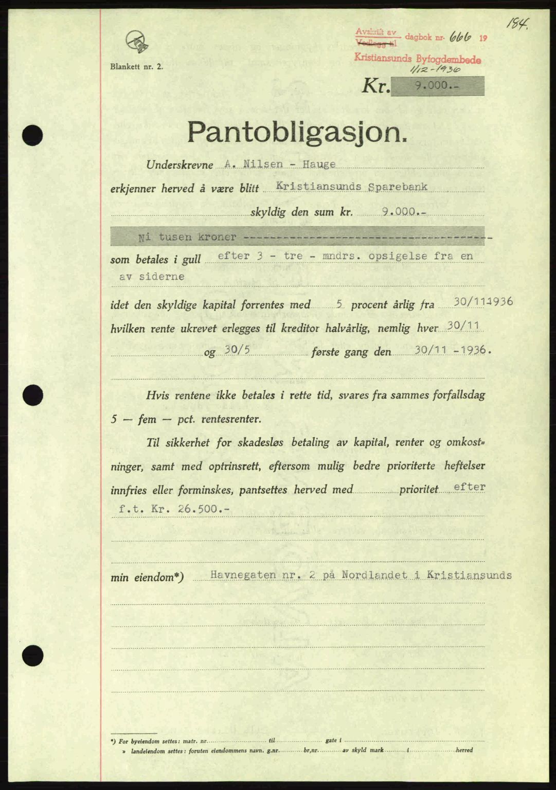 Kristiansund byfogd, AV/SAT-A-4587/A/27: Mortgage book no. 29, 1936-1937, Diary no: : 666/1936