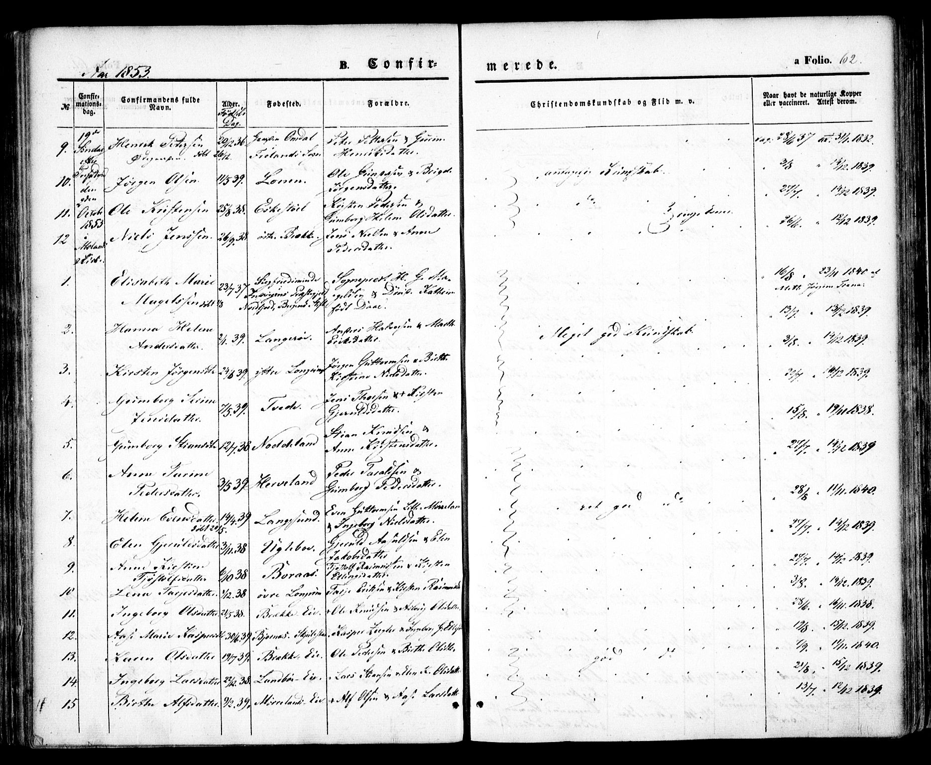 Austre Moland sokneprestkontor, AV/SAK-1111-0001/F/Fa/Faa/L0007: Parish register (official) no. A 7, 1847-1857, p. 62