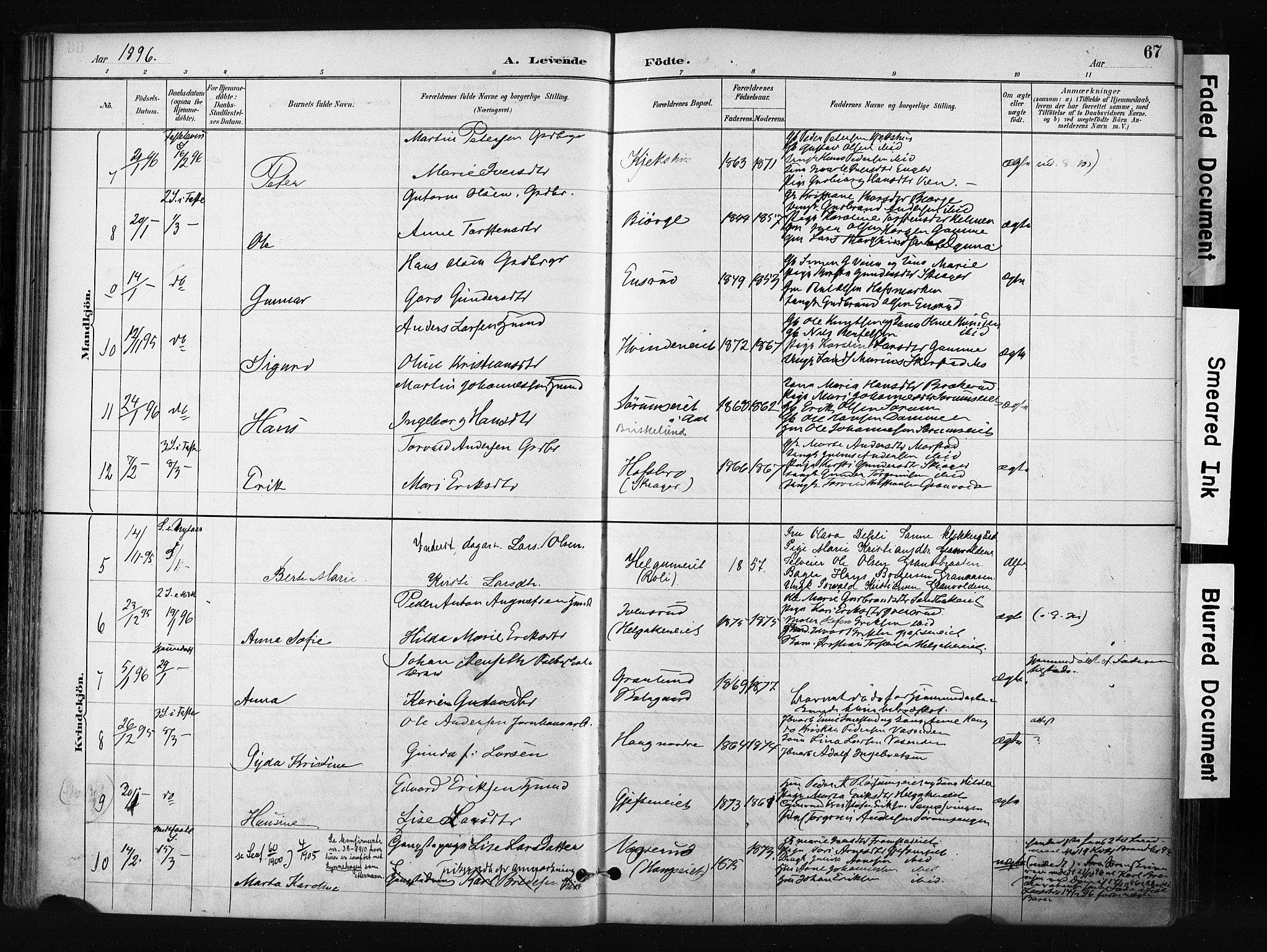 Gran prestekontor, AV/SAH-PREST-112/H/Ha/Haa/L0017: Parish register (official) no. 17, 1889-1897, p. 67