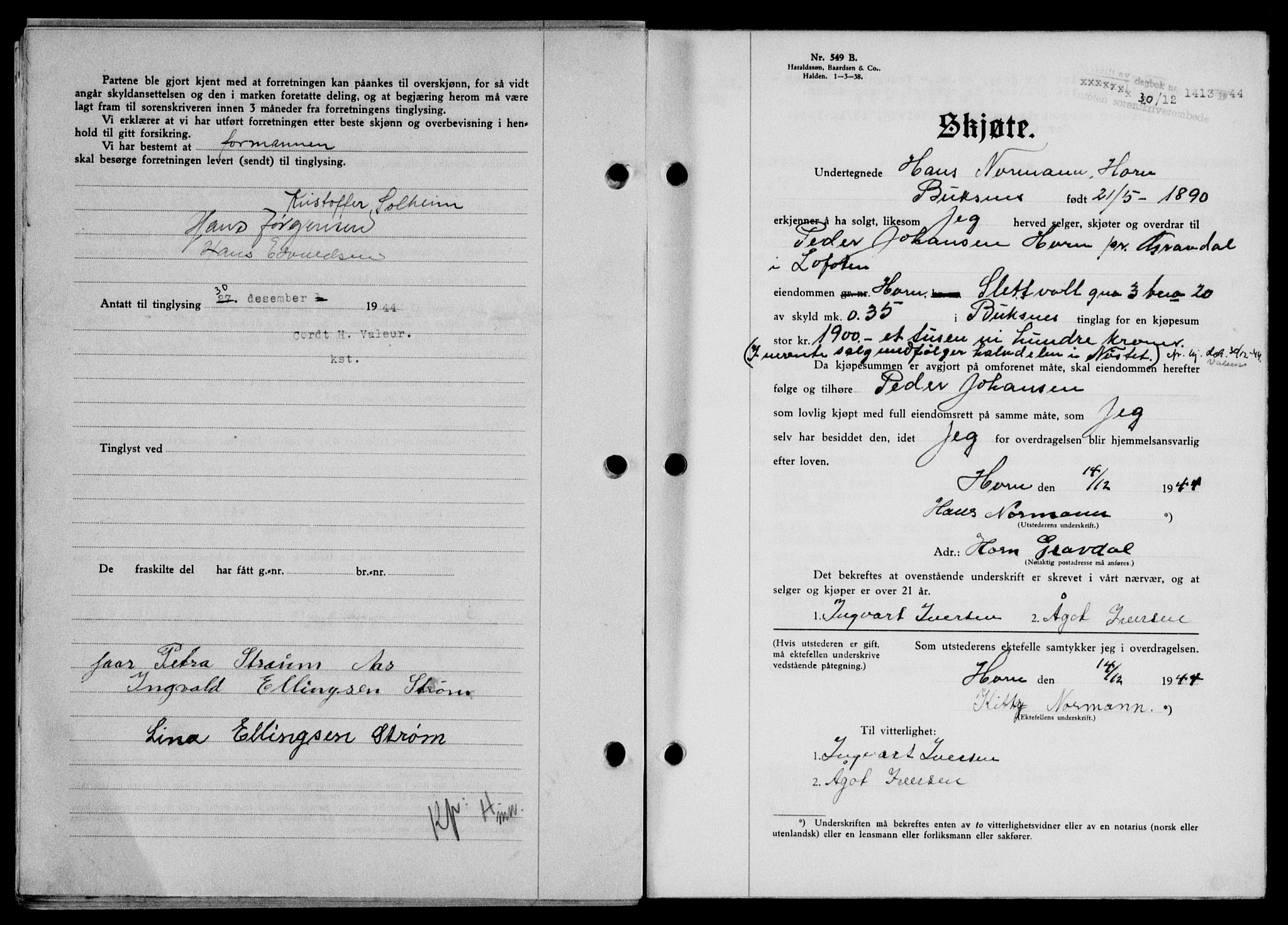 Lofoten sorenskriveri, SAT/A-0017/1/2/2C/L0013a: Mortgage book no. 13a, 1944-1946, Diary no: : 1413/1944
