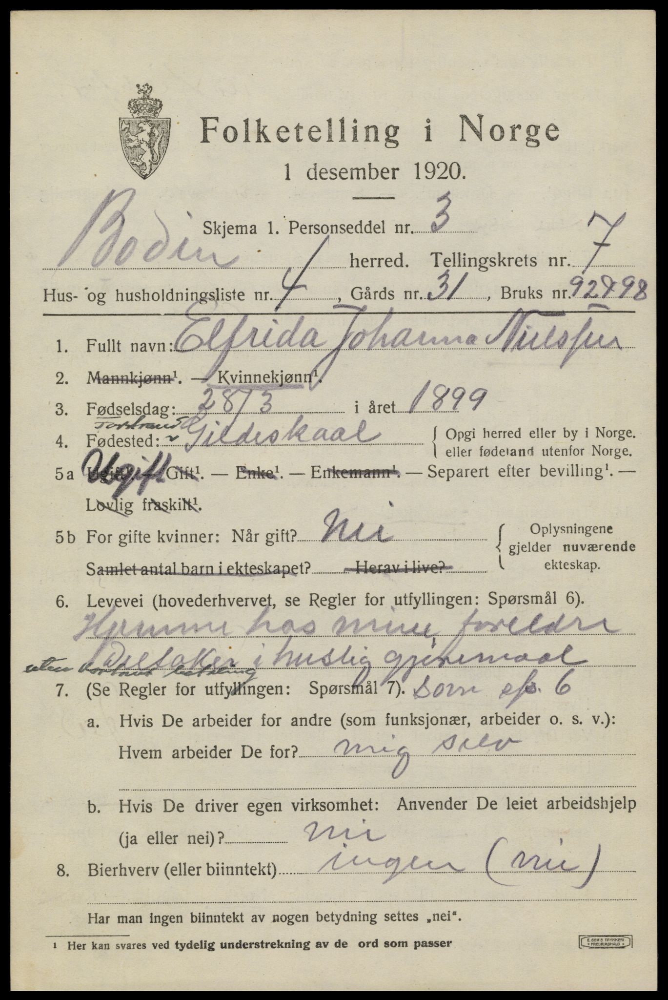 SAT, 1920 census for Bodin, 1920, p. 4864