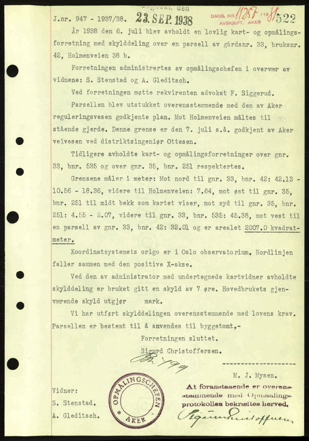 Aker herredsskriveri, SAO/A-10896/G/Gb/Gba/Gbab/L0025: Mortgage book no. A154-155, 1938-1938, Diary no: : 11257/1938