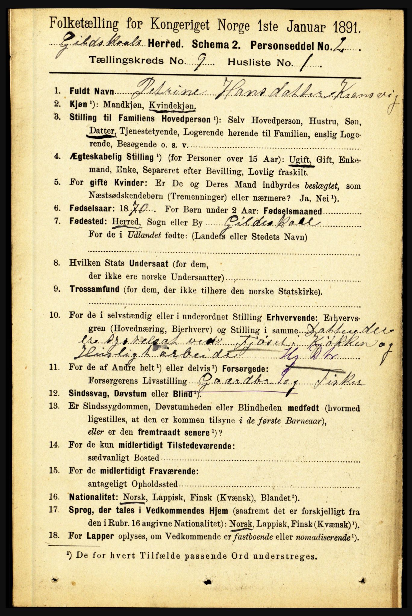 RA, 1891 census for 1838 Gildeskål, 1891, p. 2750