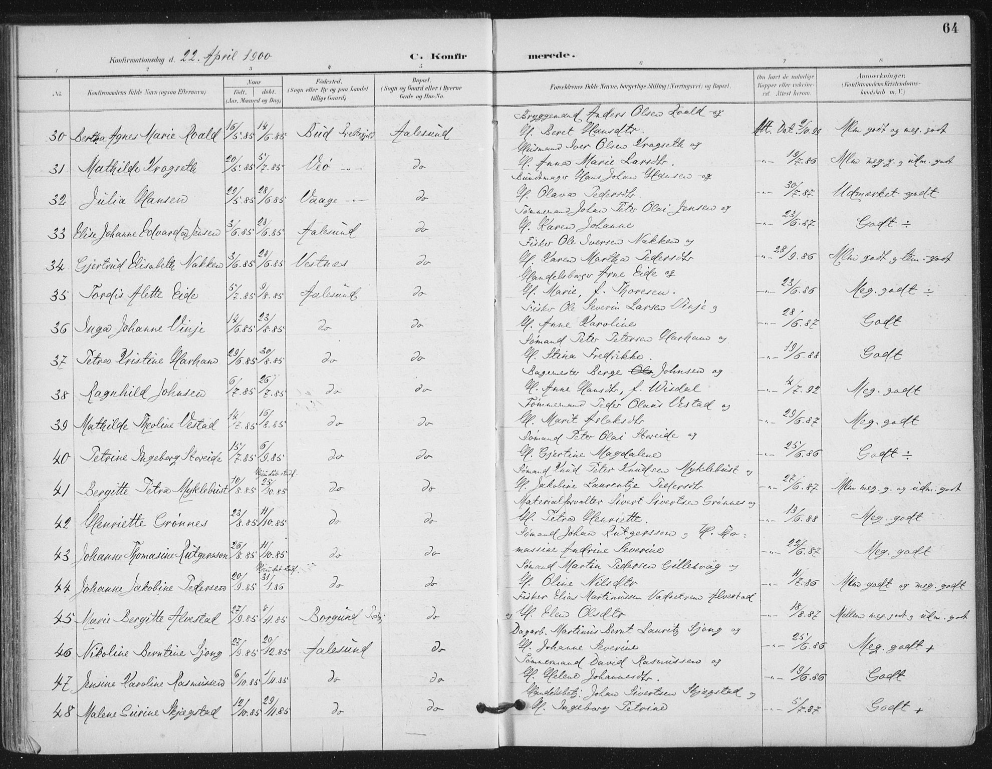 Ministerialprotokoller, klokkerbøker og fødselsregistre - Møre og Romsdal, AV/SAT-A-1454/529/L0457: Parish register (official) no. 529A07, 1894-1903, p. 64