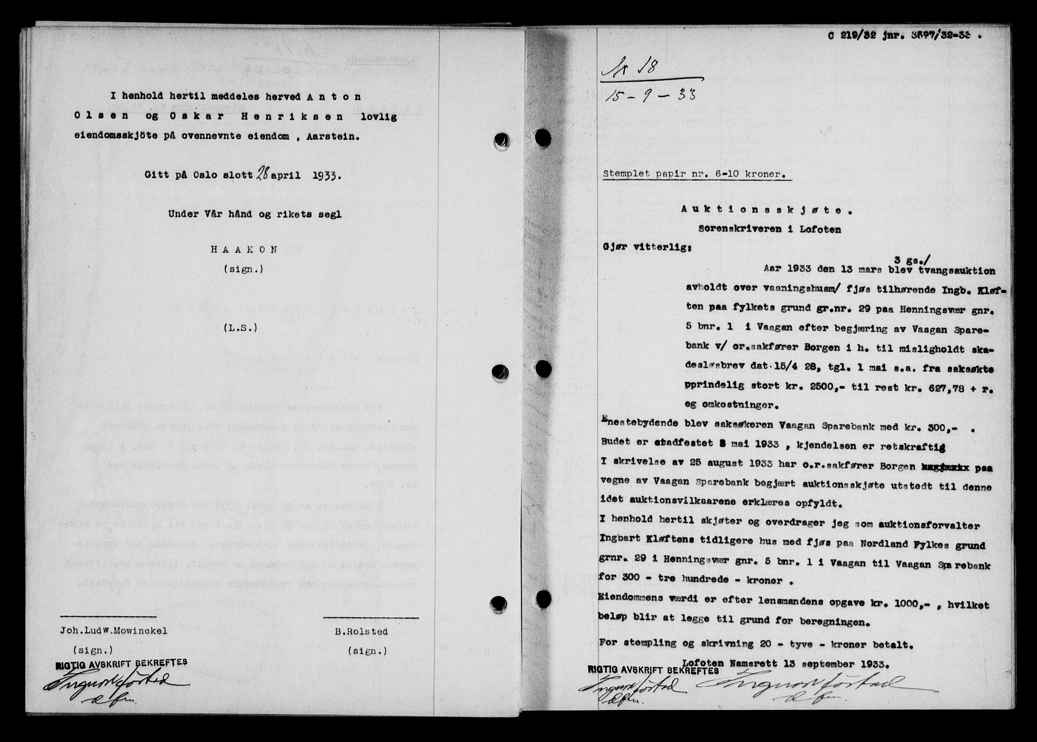 Lofoten sorenskriveri, SAT/A-0017/1/2/2C/L0028b: Mortgage book no. 28b, 1933-1933, Deed date: 15.09.1933