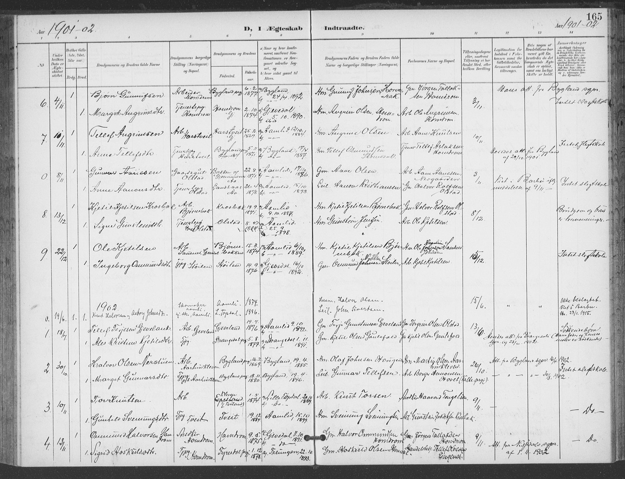 Åmli sokneprestkontor, AV/SAK-1111-0050/F/Fa/Fac/L0012: Parish register (official) no. A 12, 1900-1914, p. 165