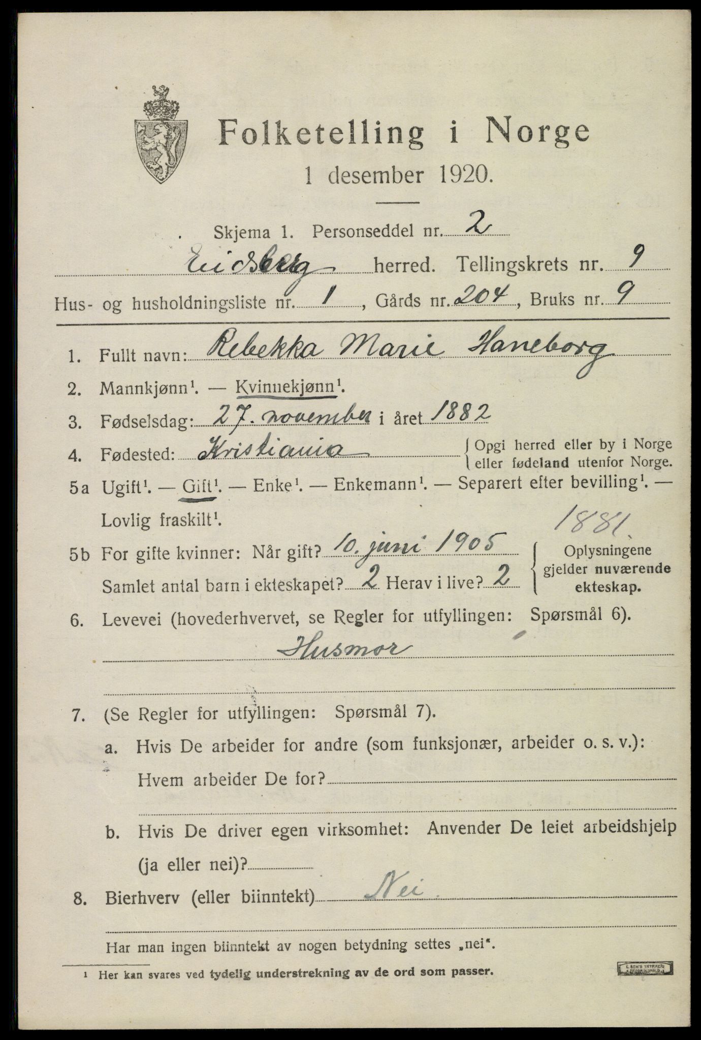 SAO, 1920 census for Eidsberg, 1920, p. 10457