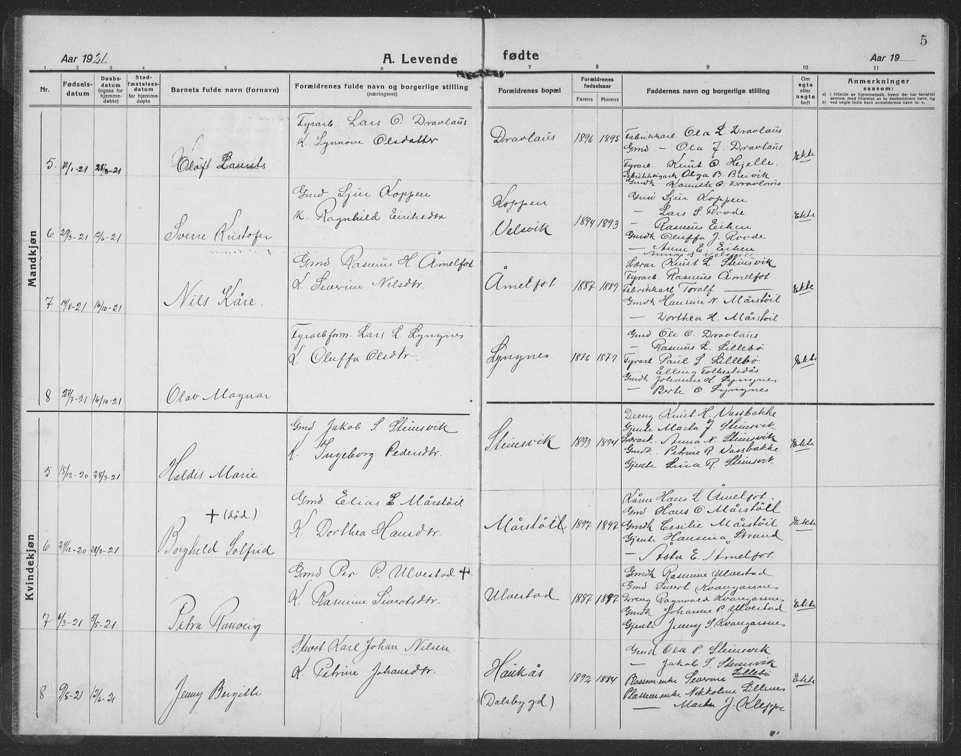 Ministerialprotokoller, klokkerbøker og fødselsregistre - Møre og Romsdal, SAT/A-1454/512/L0170: Parish register (copy) no. 512C02, 1921-1938, p. 5