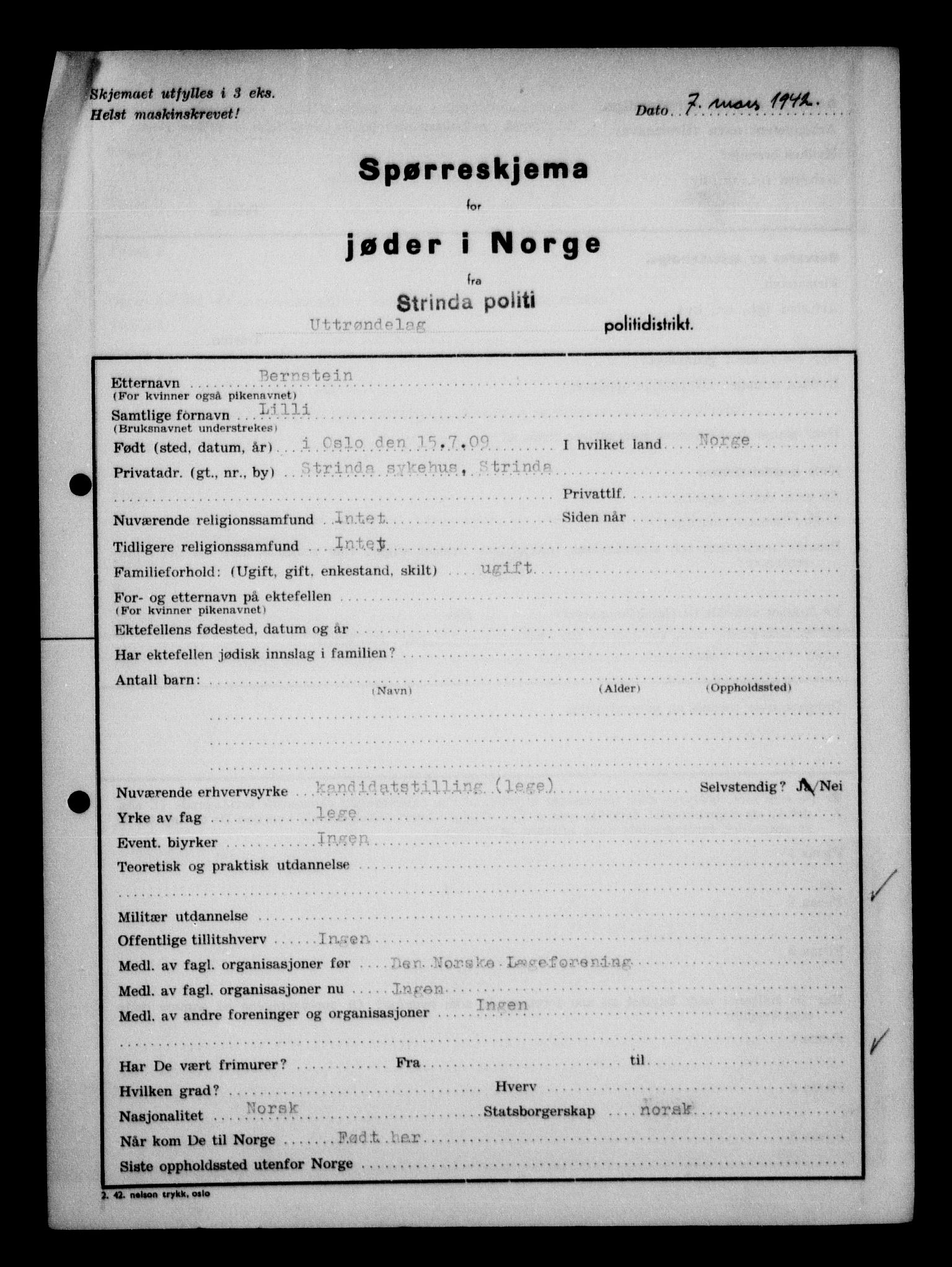 Statspolitiet - Hovedkontoret / Osloavdelingen, AV/RA-S-1329/G/Ga/L0013: Spørreskjema for jøder i Norge. 1: Sandefjord-Trondheim. 2: Tønsberg- Ålesund.  3: Skriv vedr. jøder A-H.  , 1942-1943, p. 594