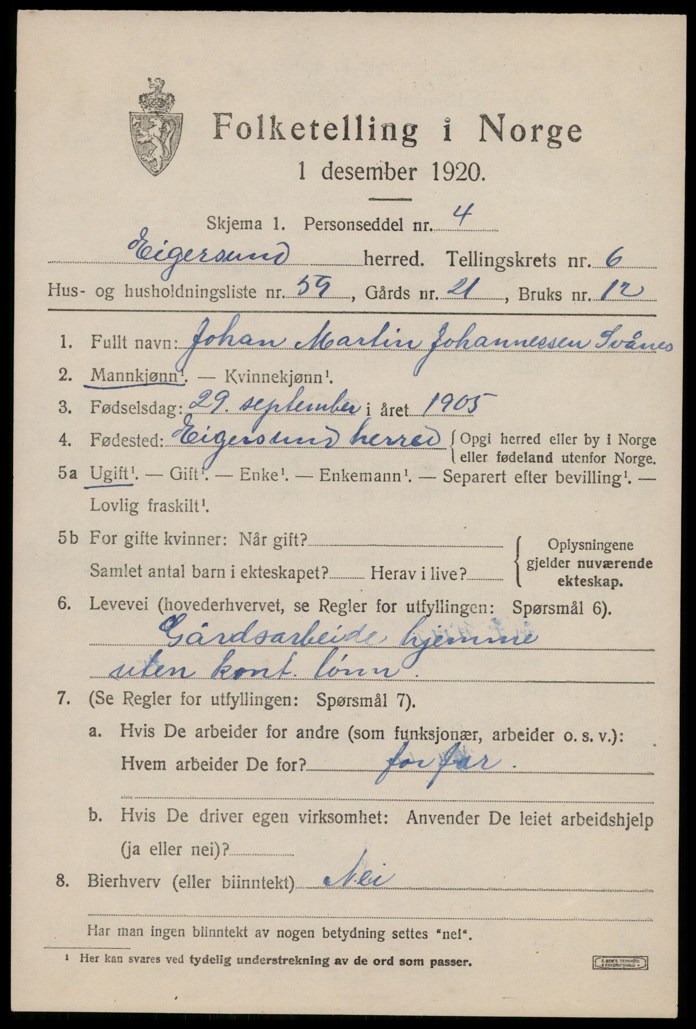 SAST, 1920 census for Eigersund, 1920, p. 4611