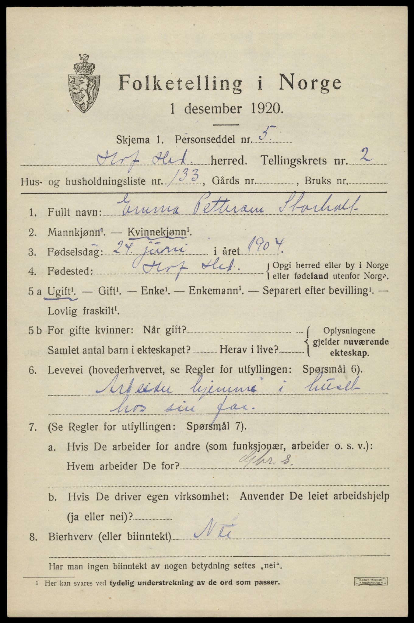 SAH, 1920 census for Hof, 1920, p. 4047